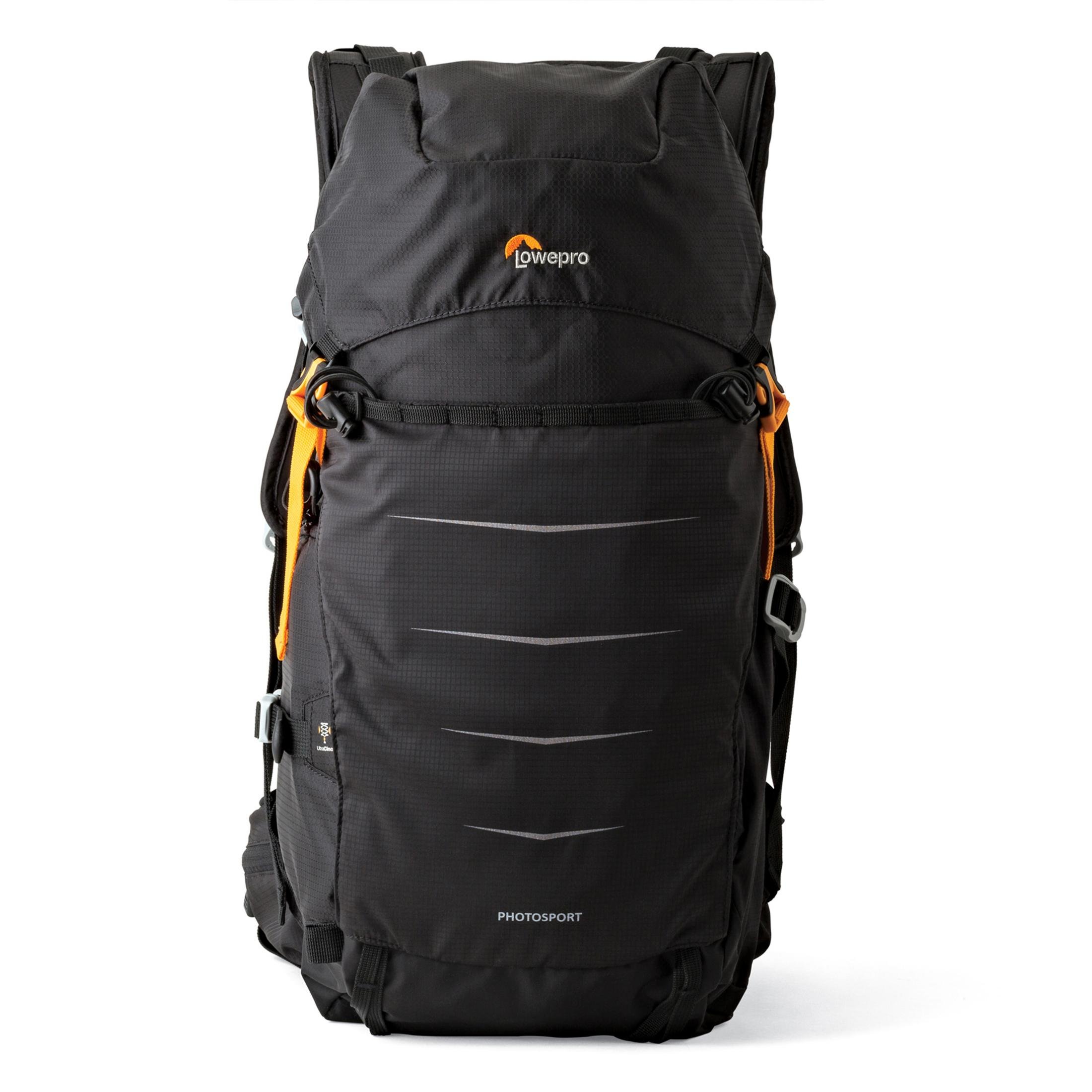 Schwarzer Lowepro Photosport Rucksack mit orangefarbenen Trägern auf weißem Hintergrund.