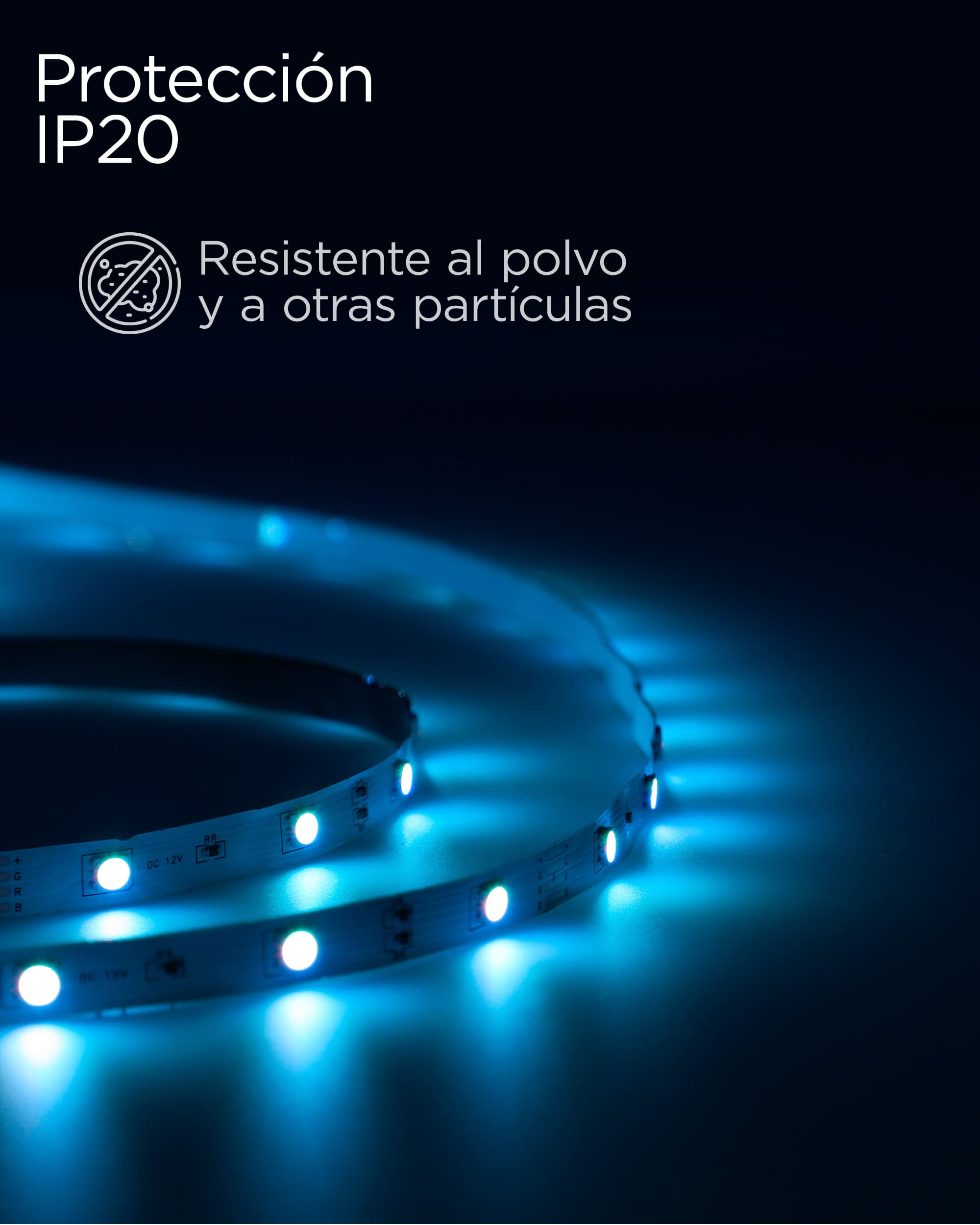 Una tira de LED azul con luces brillantes y texto sobre la protección IP20.