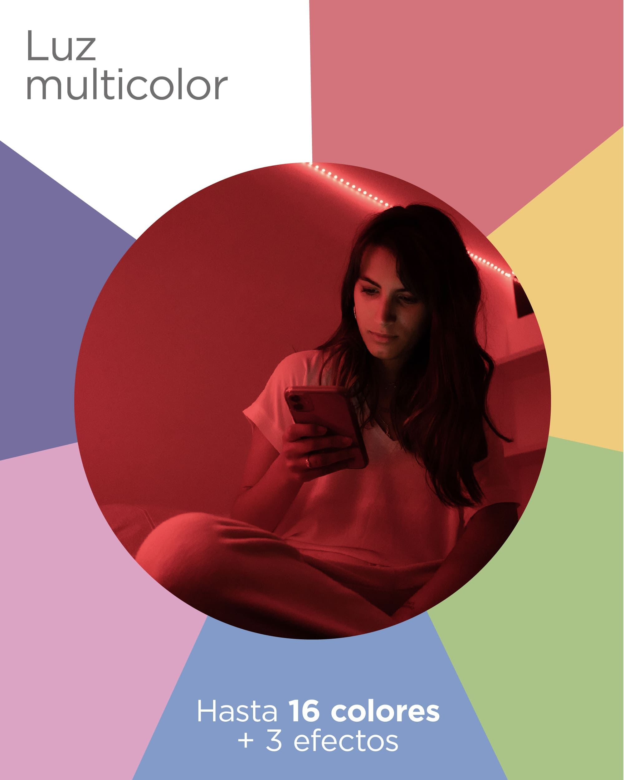 Mujer con teléfono en habitación iluminada en rojo. Diseño de luz multicolor en el fondo.