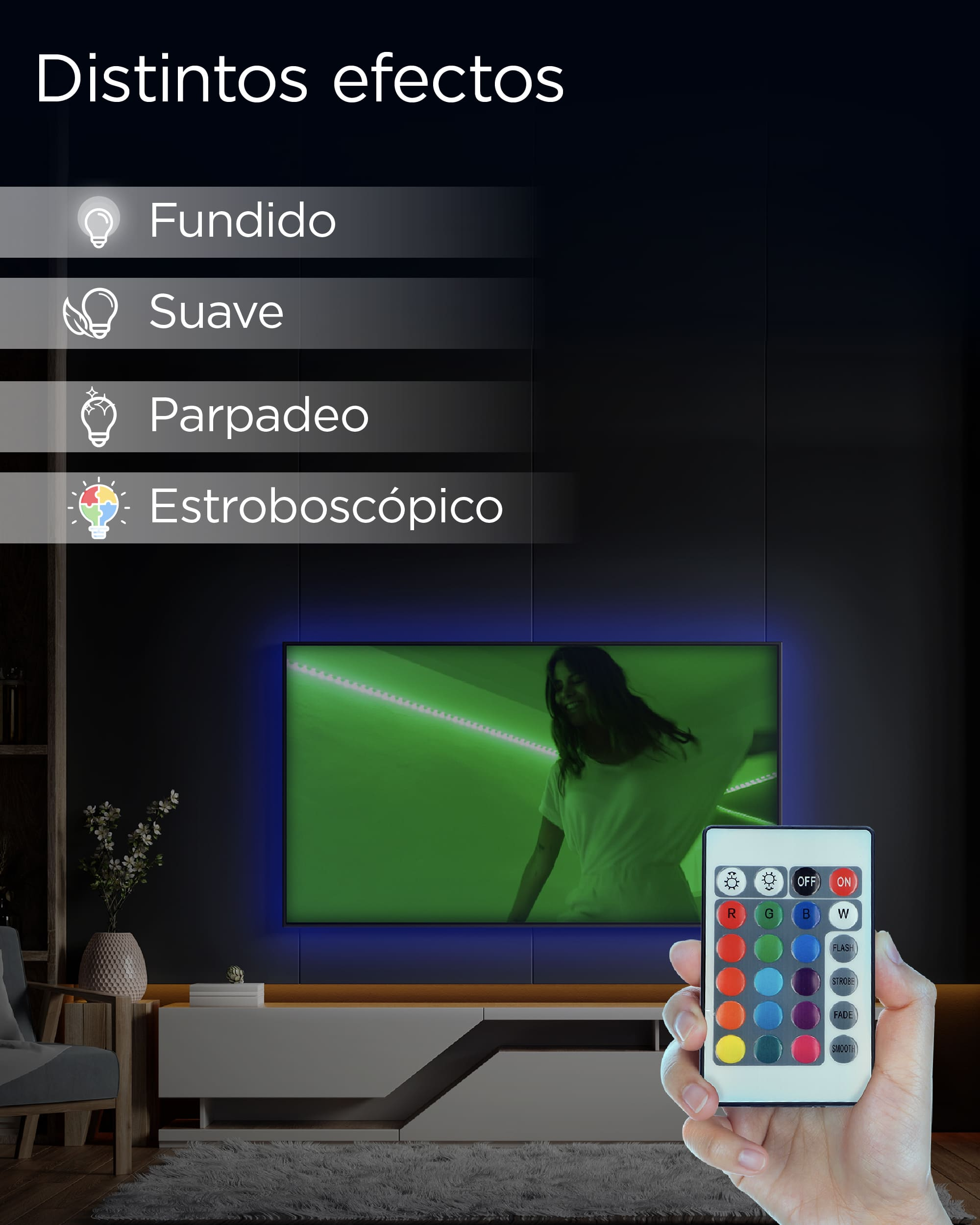 Persona sosteniendo un control remoto con opciones de efectos de TV y luz a la izquierda.