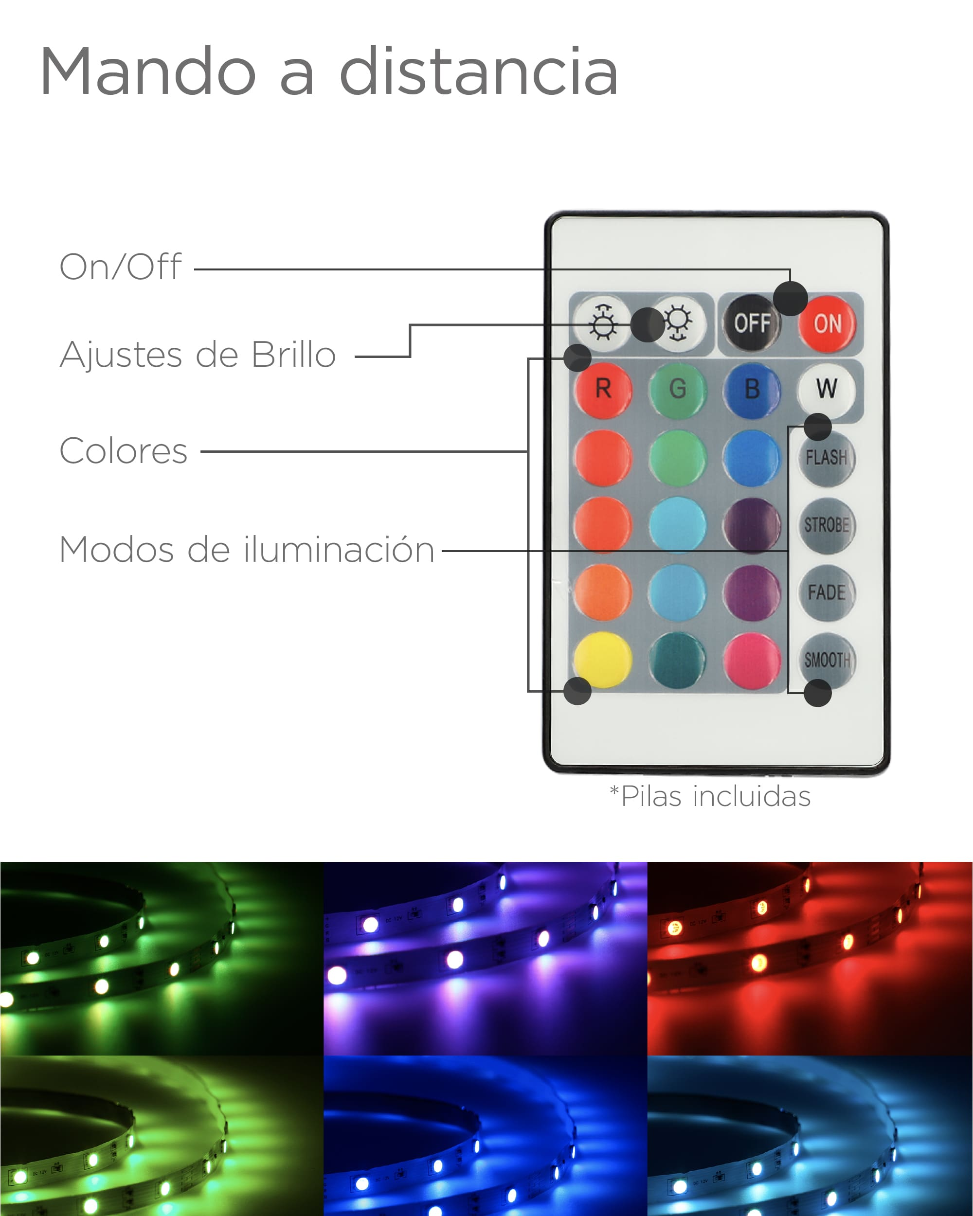 Mando a distancia con botones para ajustes de luz y colores.