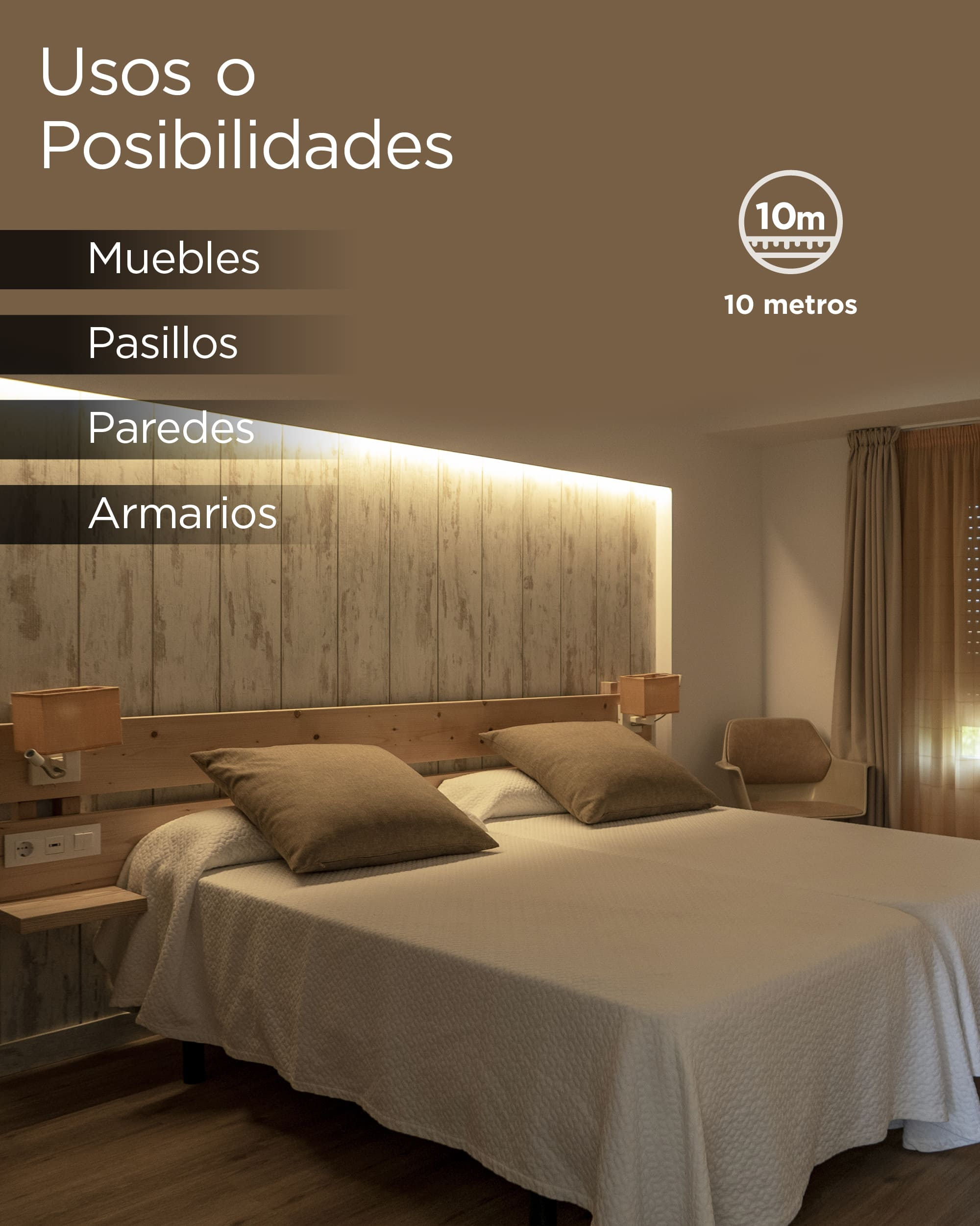 Escena de dormitorio con cama, almohadas e indicador de alcance de 10 metros. Tonos neutros.