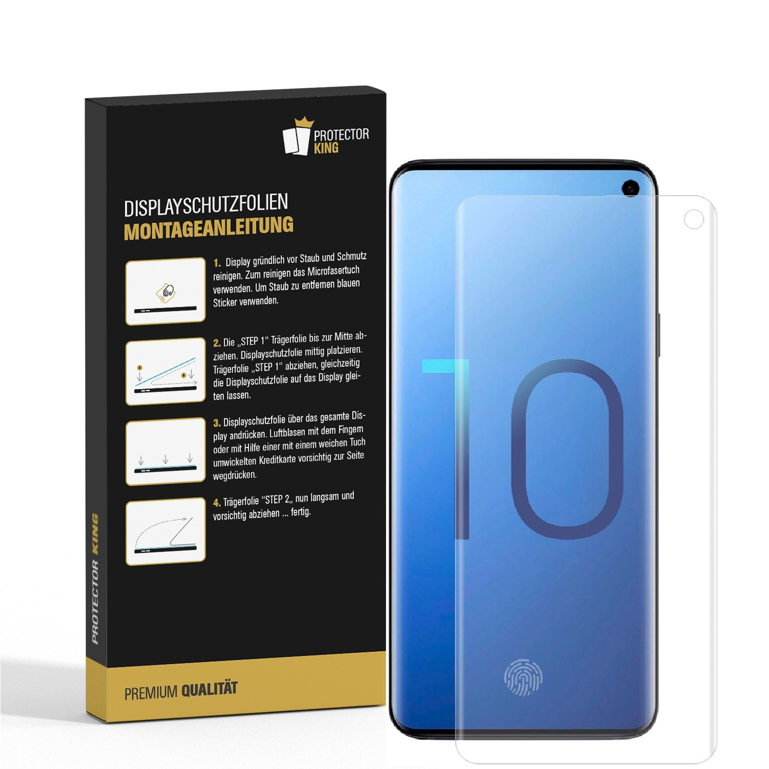 Ein Telefon mit Displayschutzfolie, eine Schachtel mit der Folie und Anweisungen auf der linken Seite.