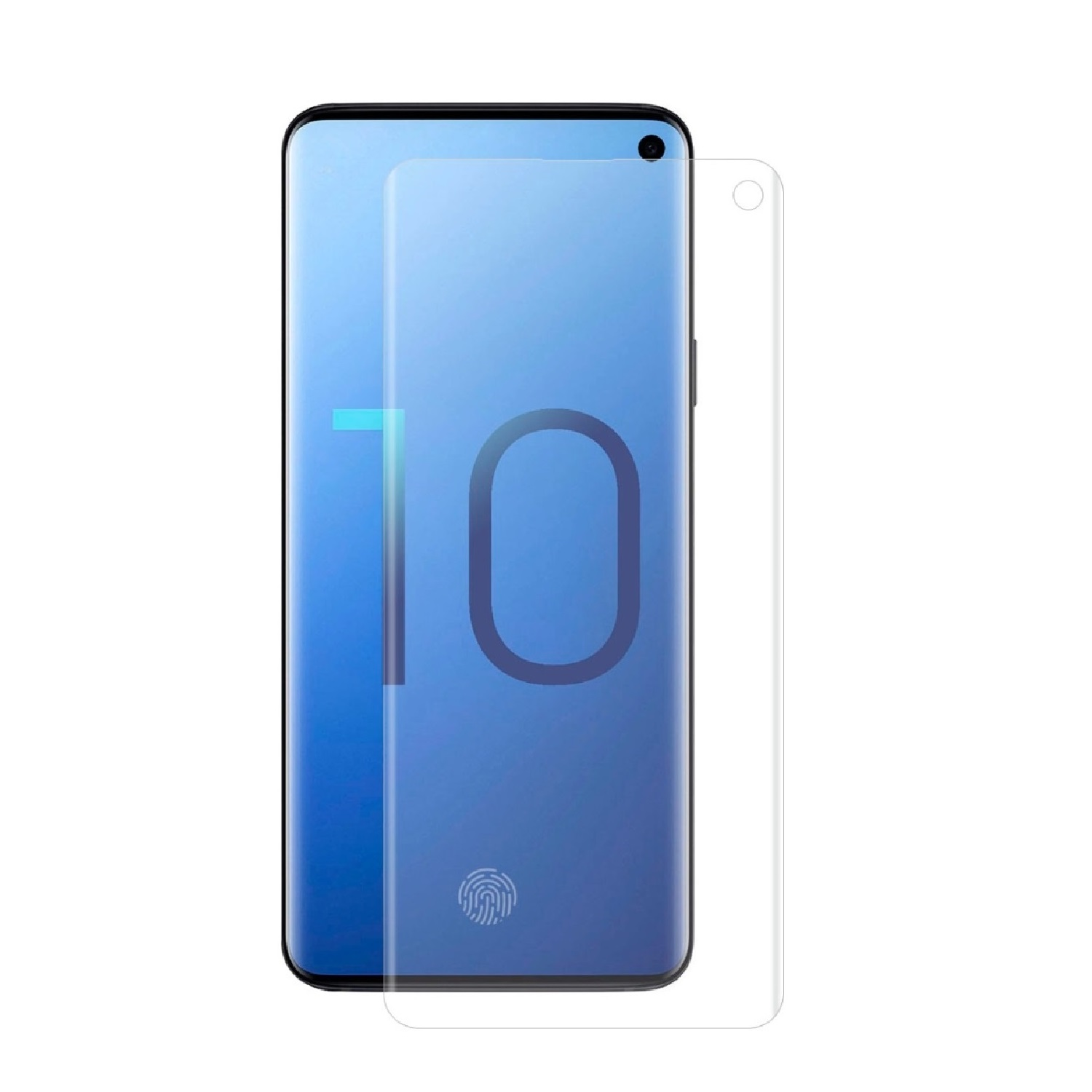 Ein Smartphone mit aufgebrachter Displayschutzfolie. Der Bildschirm zeigt einen blauen Farbverlauf mit Fingerabdrucksymbol.