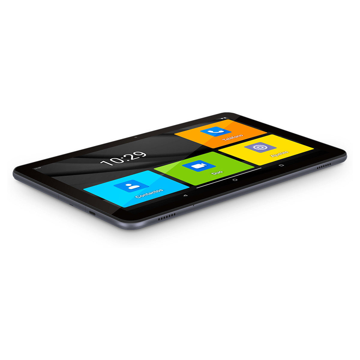 Tableta negra con aplicaciones en pantalla. Apps: teléfono, ajustes, cámara, contactos. Inclinada en blanco.