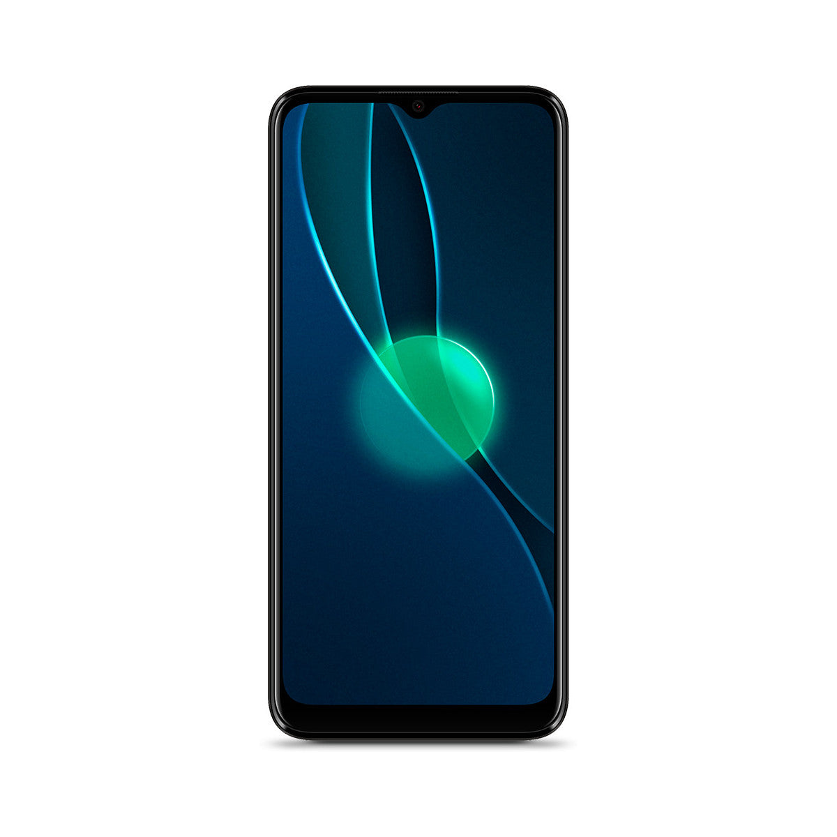 Teléfono inteligente negro con un diseño abstracto azul y verde en la pantalla.