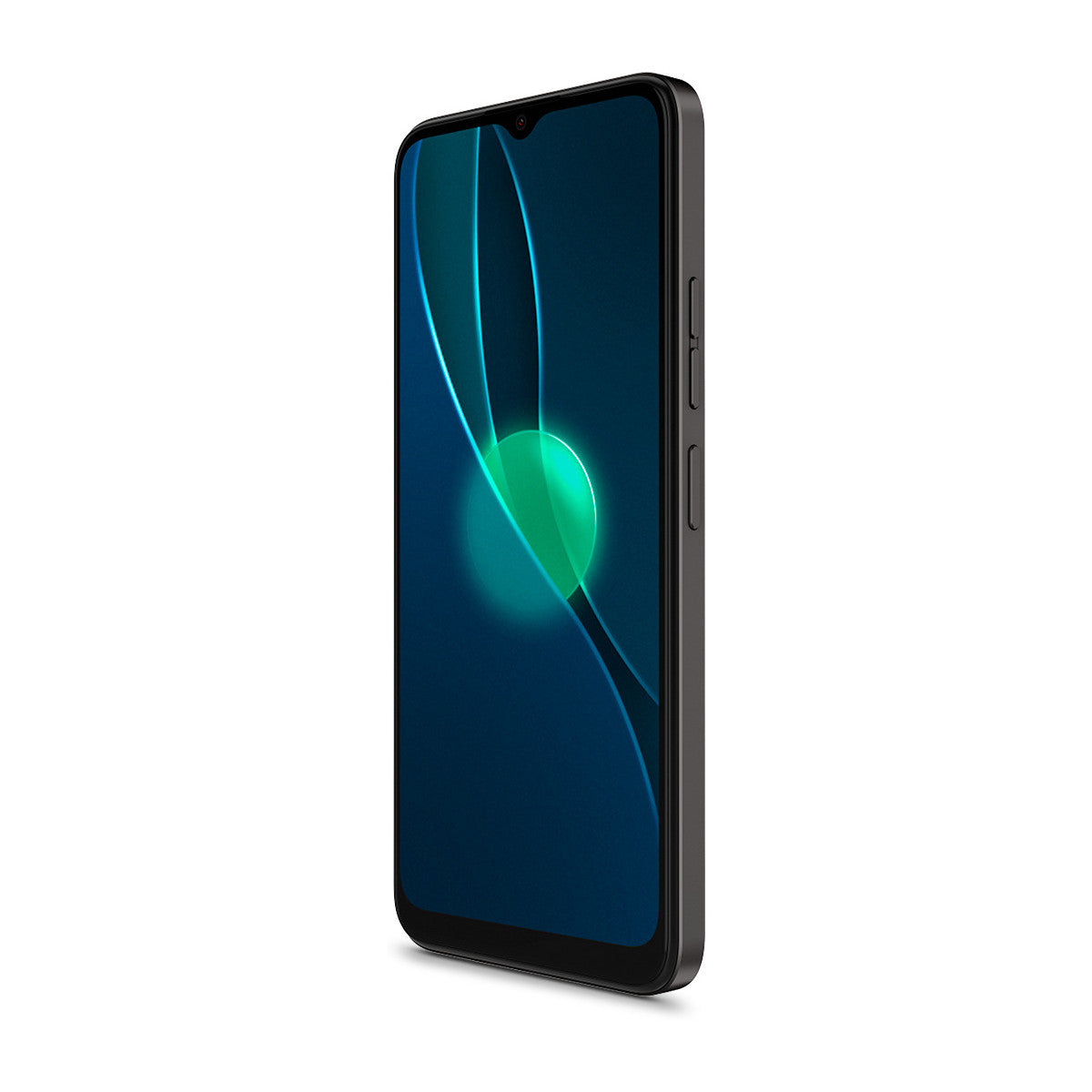 Un smartphone negro con una pantalla azul y verde. El teléfono se muestra de lado.