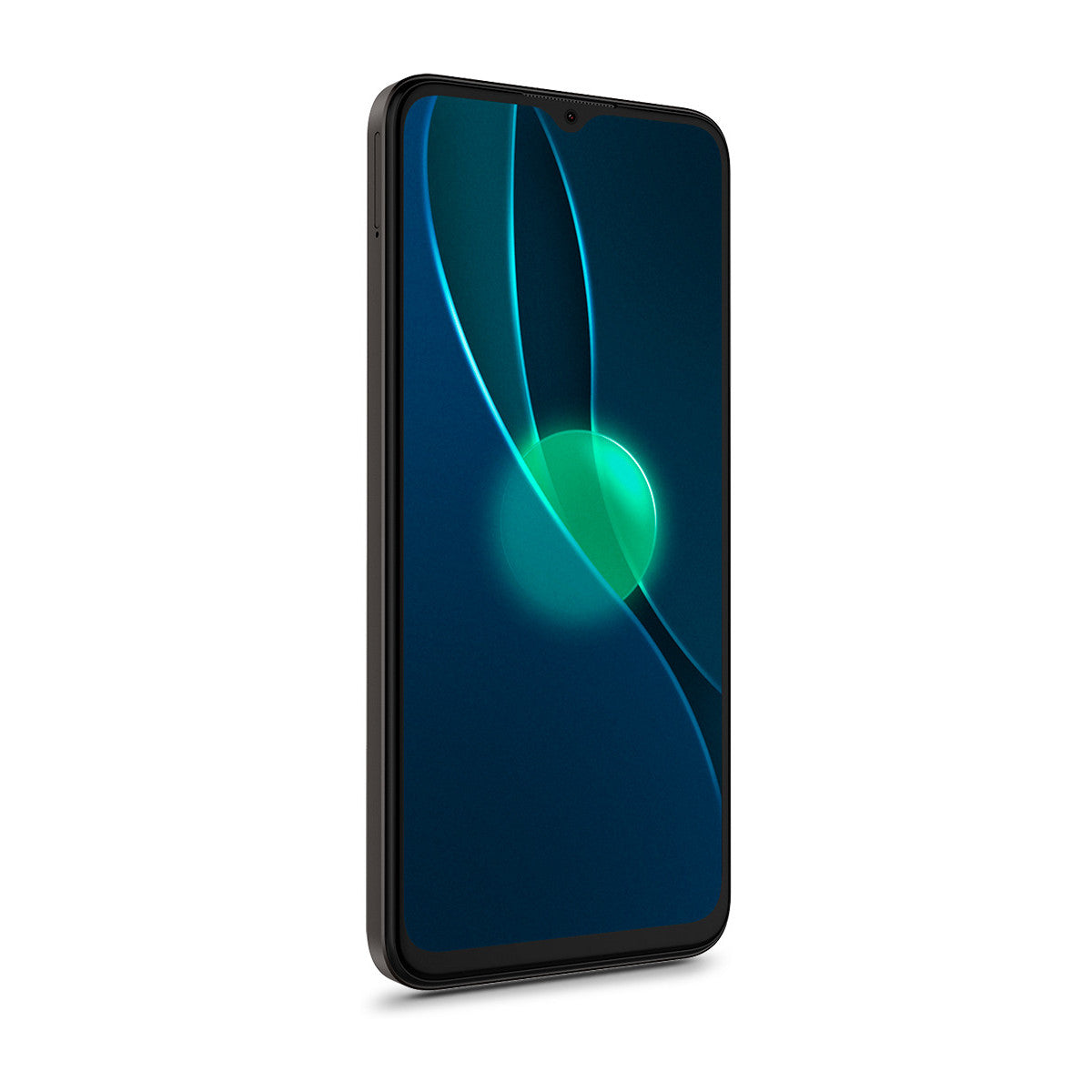 Smartphone negro con una pantalla que muestra un degradado azul y un círculo verde. Vista lateral.