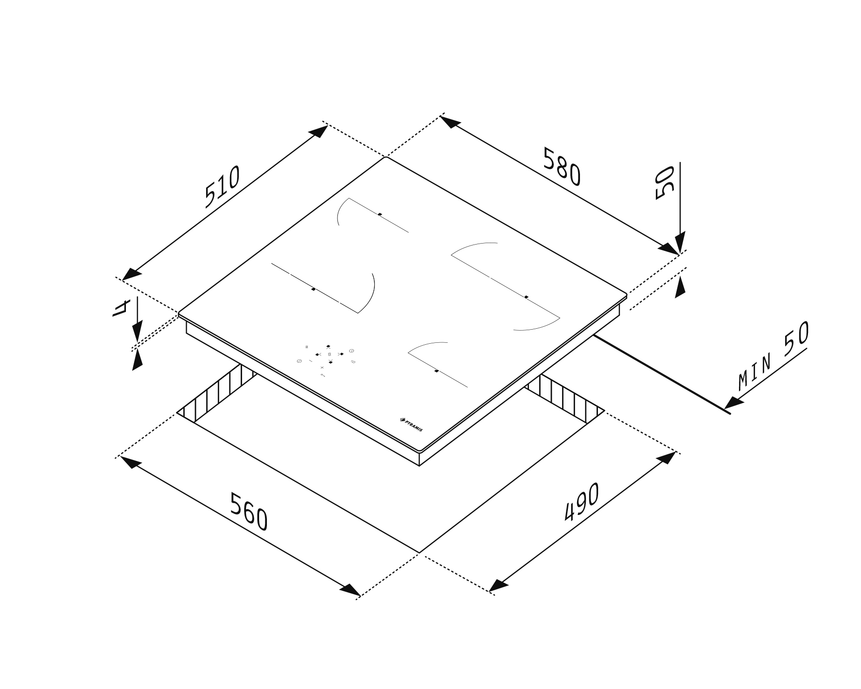 Eine schematische Darstellung eines quadratischen Kochfelds. Maße und Linien zeigen Größe.