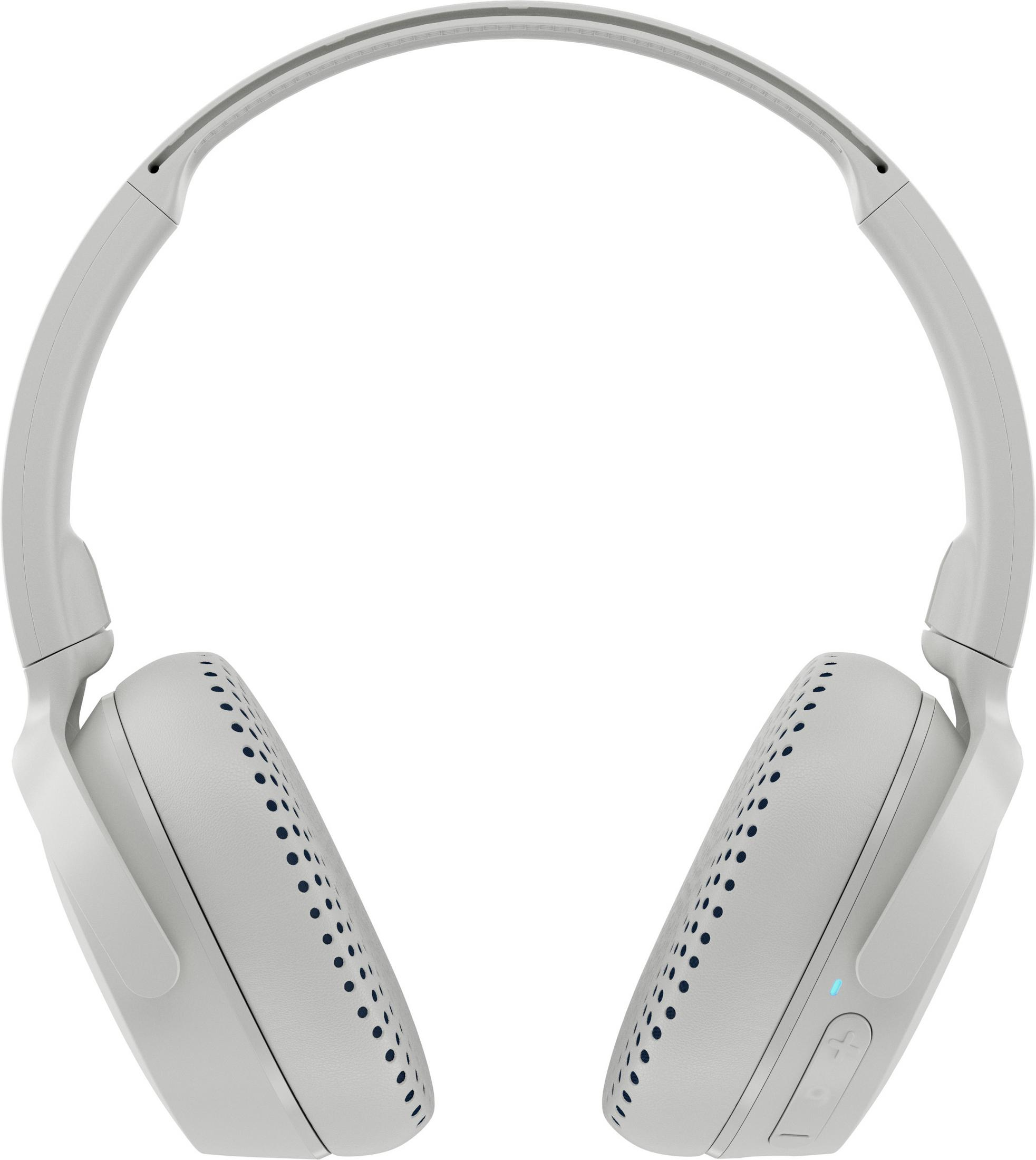 Weiße Kopfhörer. Over-Ear-Kopfhörer, weiß mit blauen Akzenten, vor weißem Hintergrund.