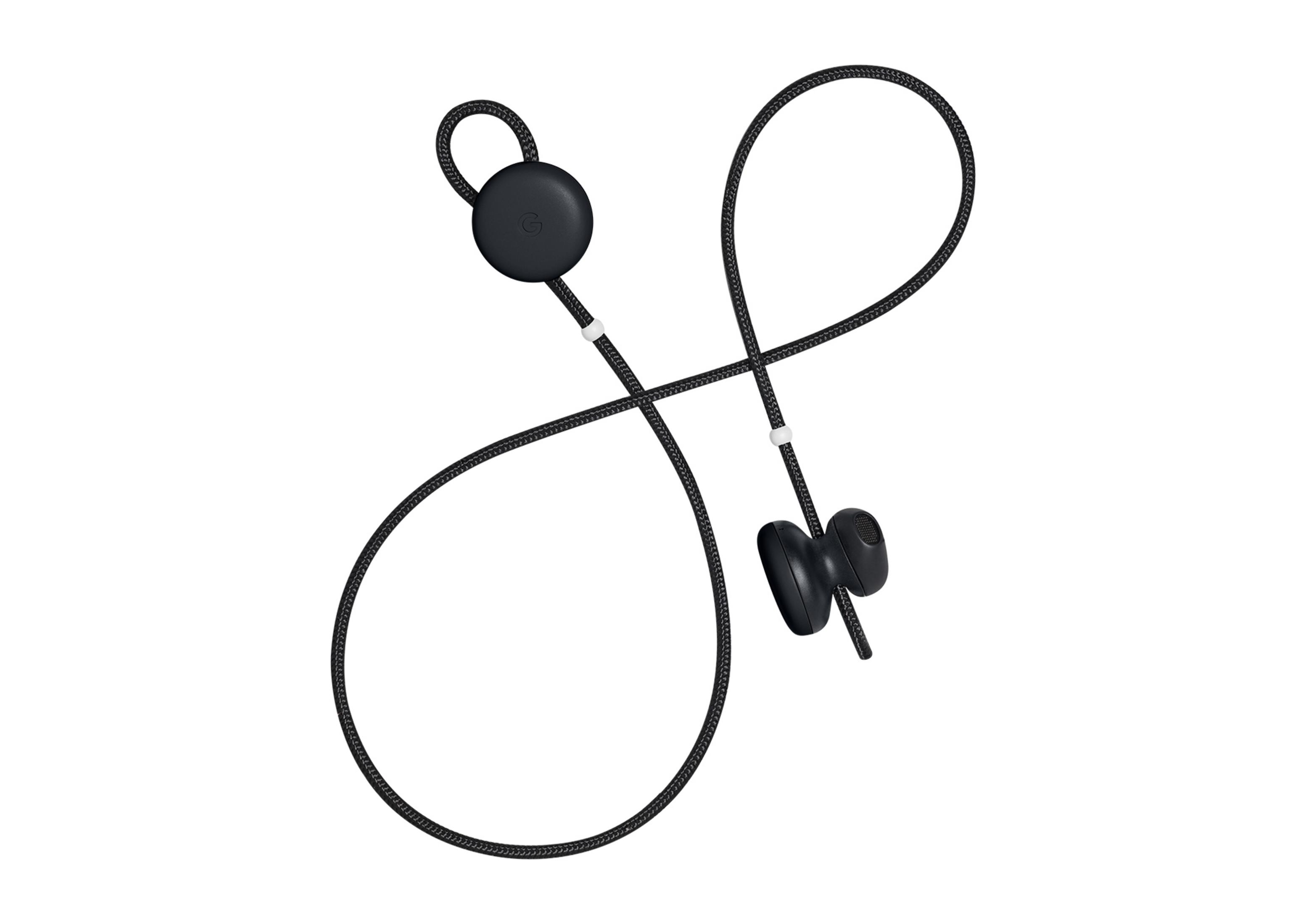 Auriculares internos negros con cable de tela, módulo de control negro y puntas de auricular, aislados en blanco.