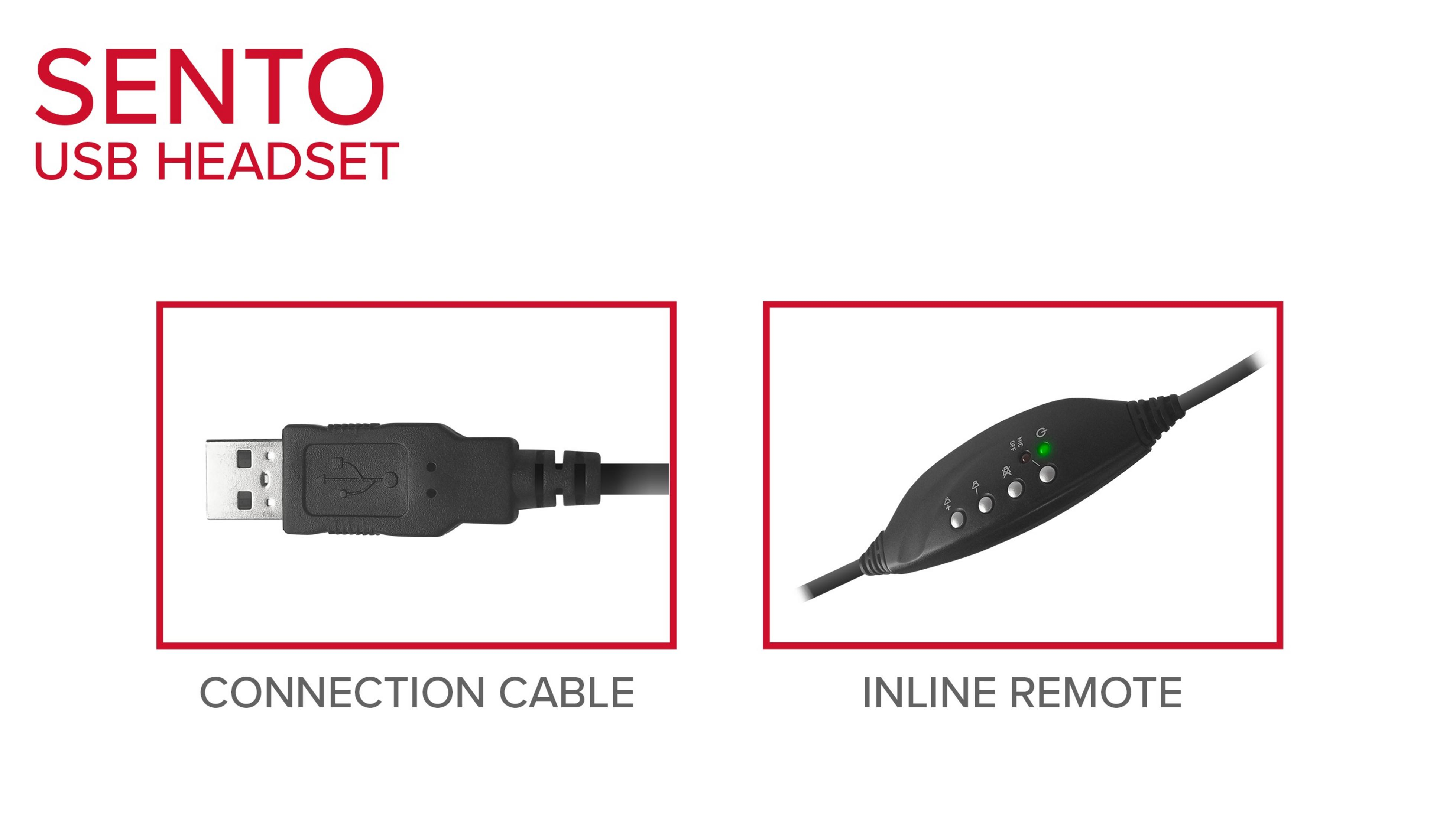 Cuffie USB con cavo di connessione e telecomando in linea. Il telecomando ha pulsanti e una spia luminosa.