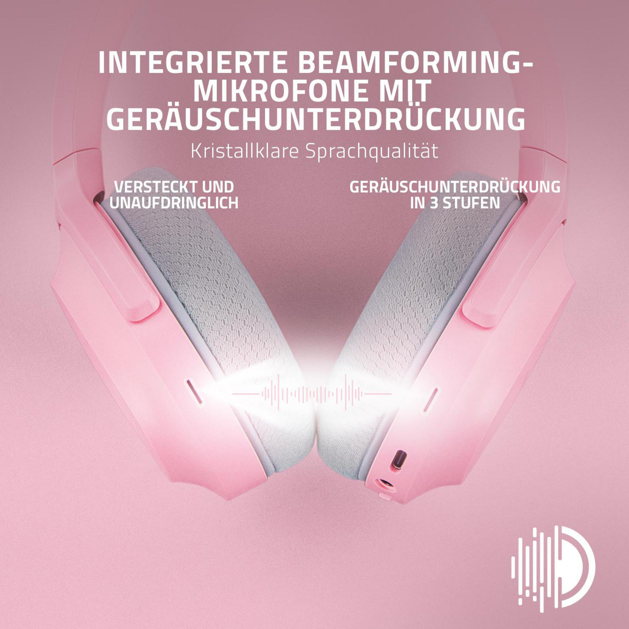 Casque rose avec texte sur les micros intégrés et la réduction du bruit. Image rapprochée du casque.