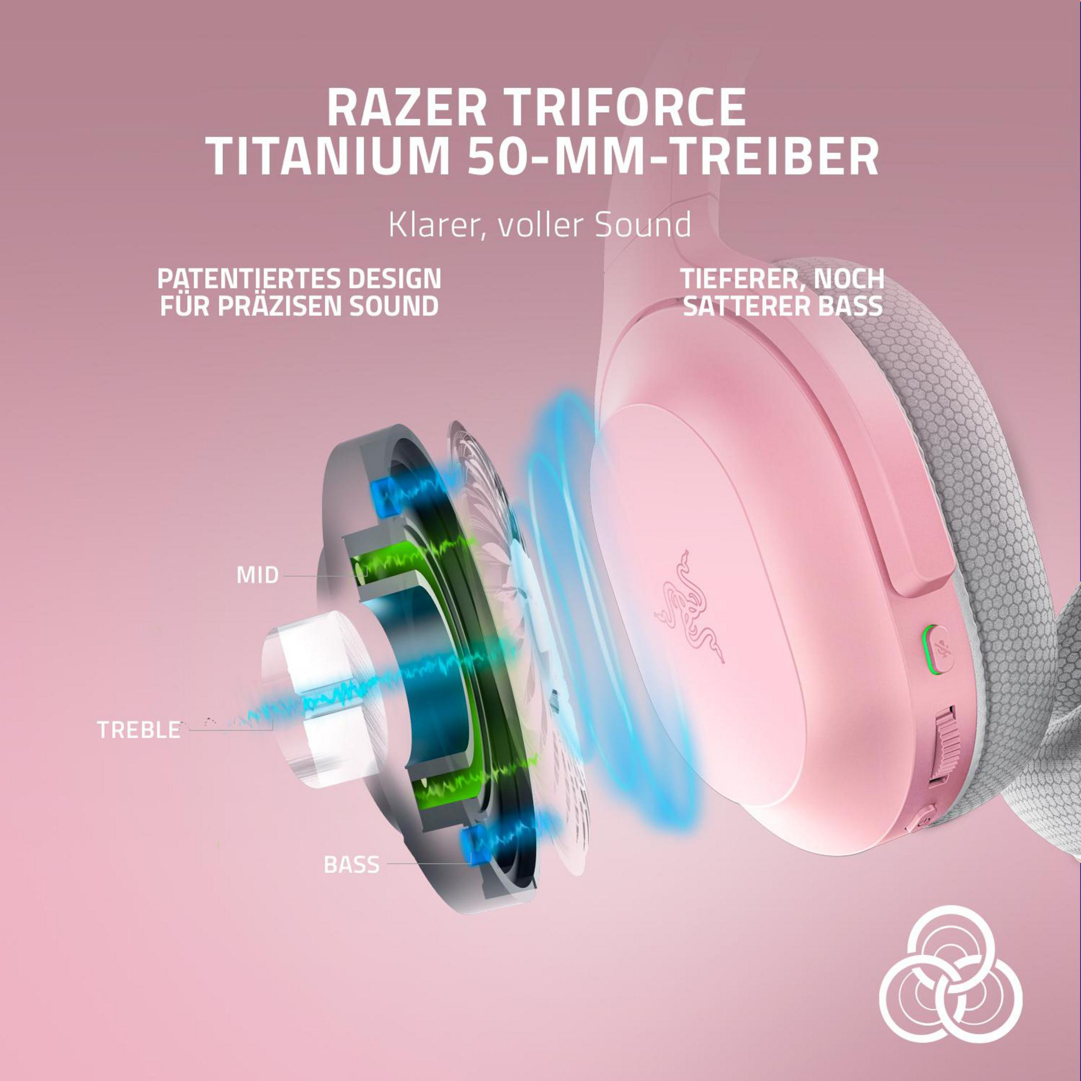 Roze en witte hoofdtelefoon met tekstlabels die geluidskenmerken beschrijven.