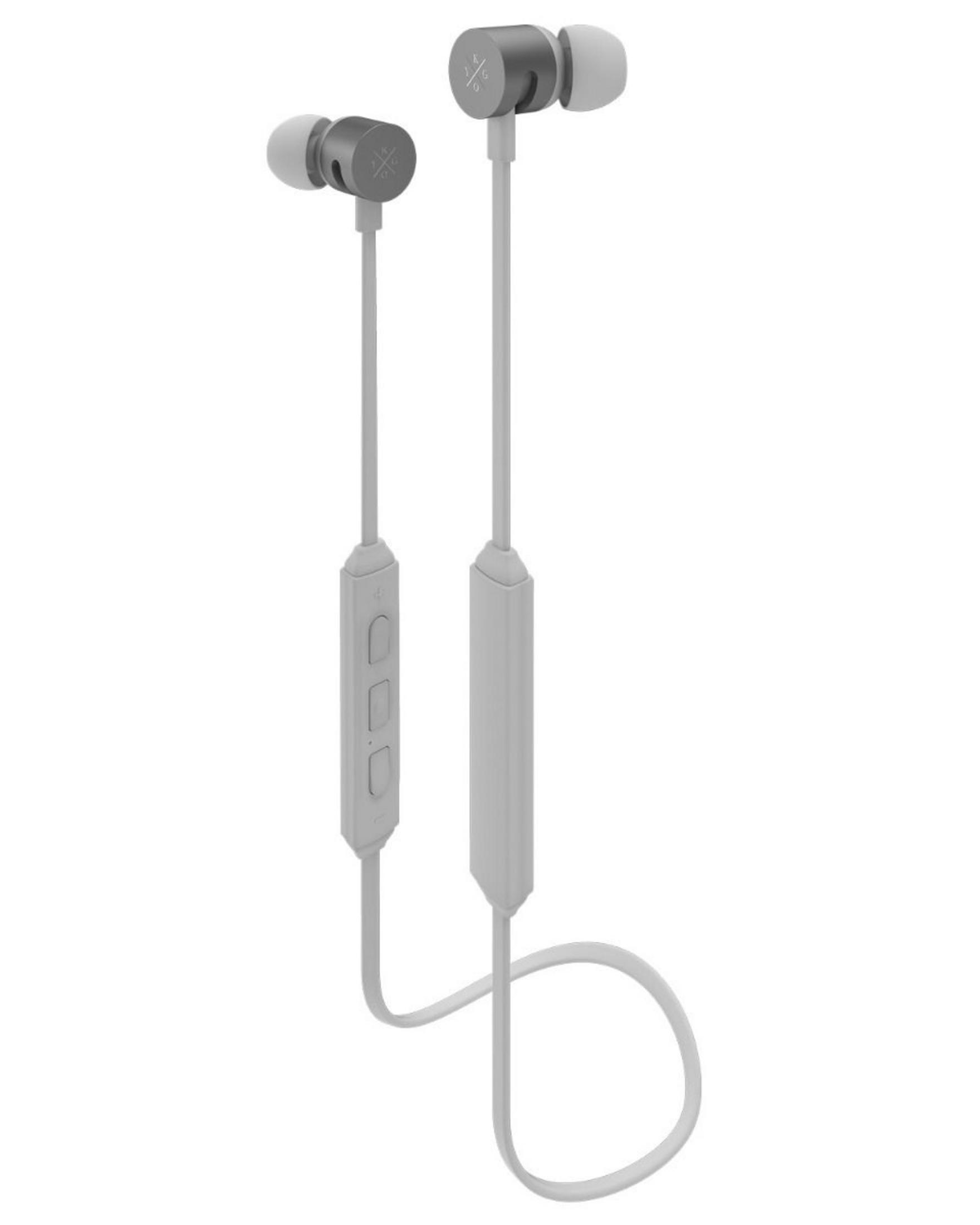 Auricolari wireless grigio chiaro con custodia di ricarica e controlli in linea. Cavo bianco, auricolari grigi.