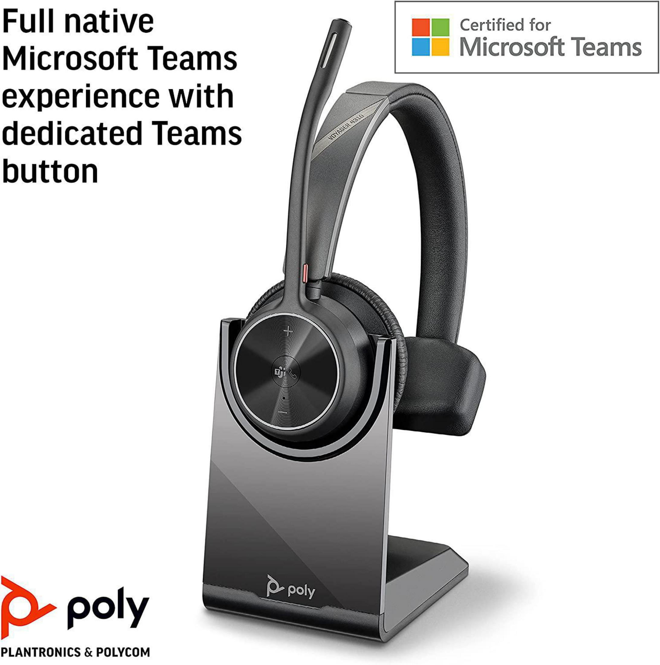 Schwarzes drahtloses Headset auf einer Ladestation, mit Text: Zertifiziert für Microsoft Teams.