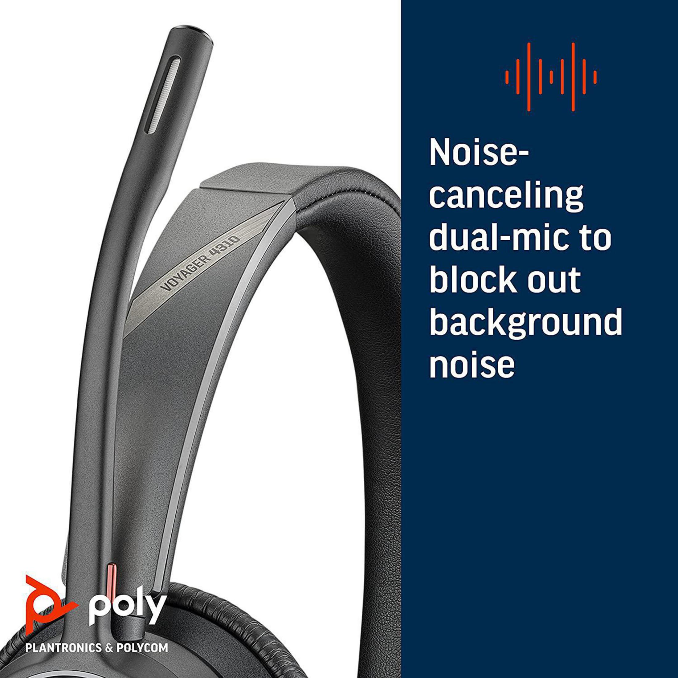 Kopfhörer mit Geräuschunterdrückung, Dual-Mic-Funktion. Text: 'Geräuschunterdrückung, Dual-Mic zur Ausblendung'.