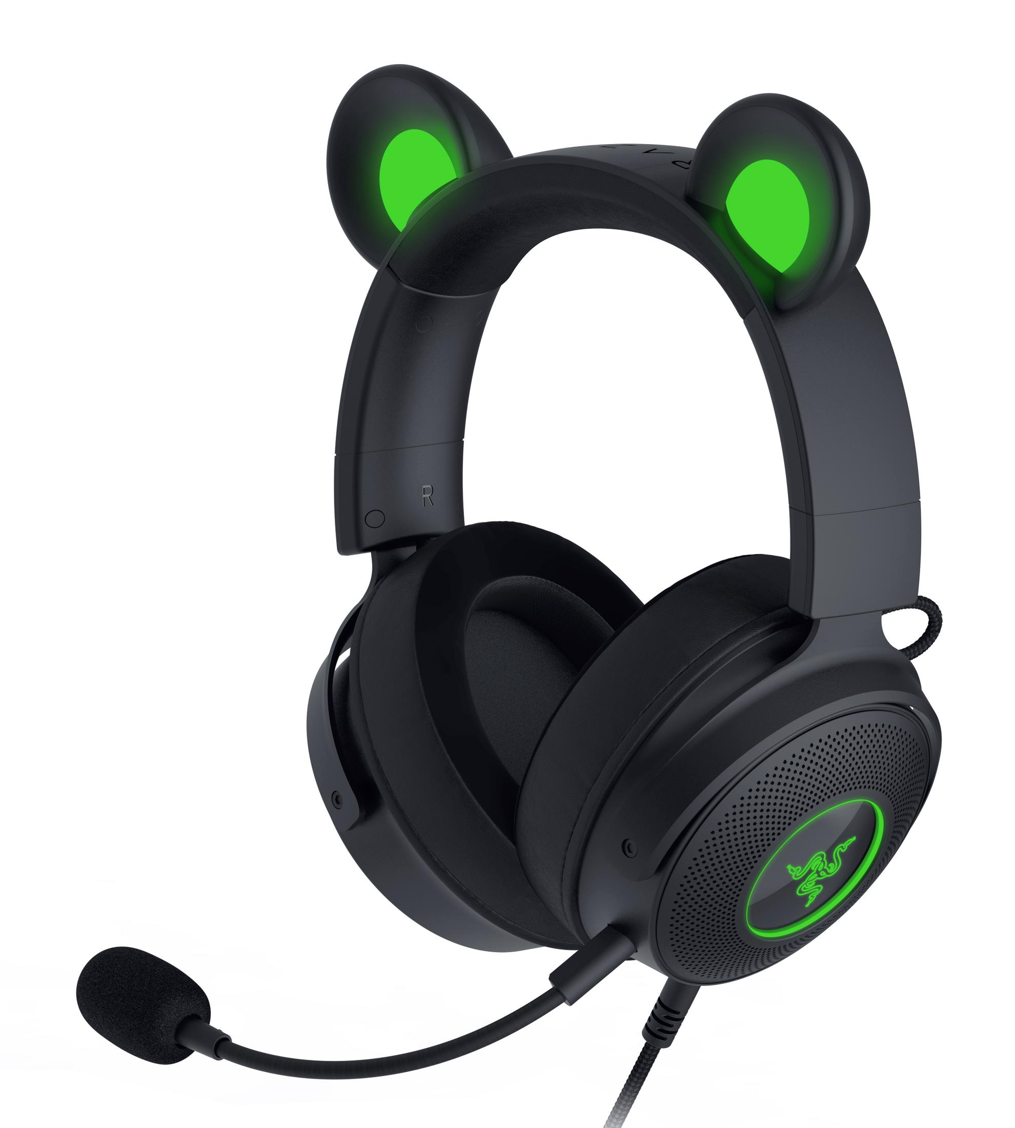 Schwarzes Gaming-Headset mit grün leuchtenden Ohrakzenten und Mikrofon, auf weißem Grund.