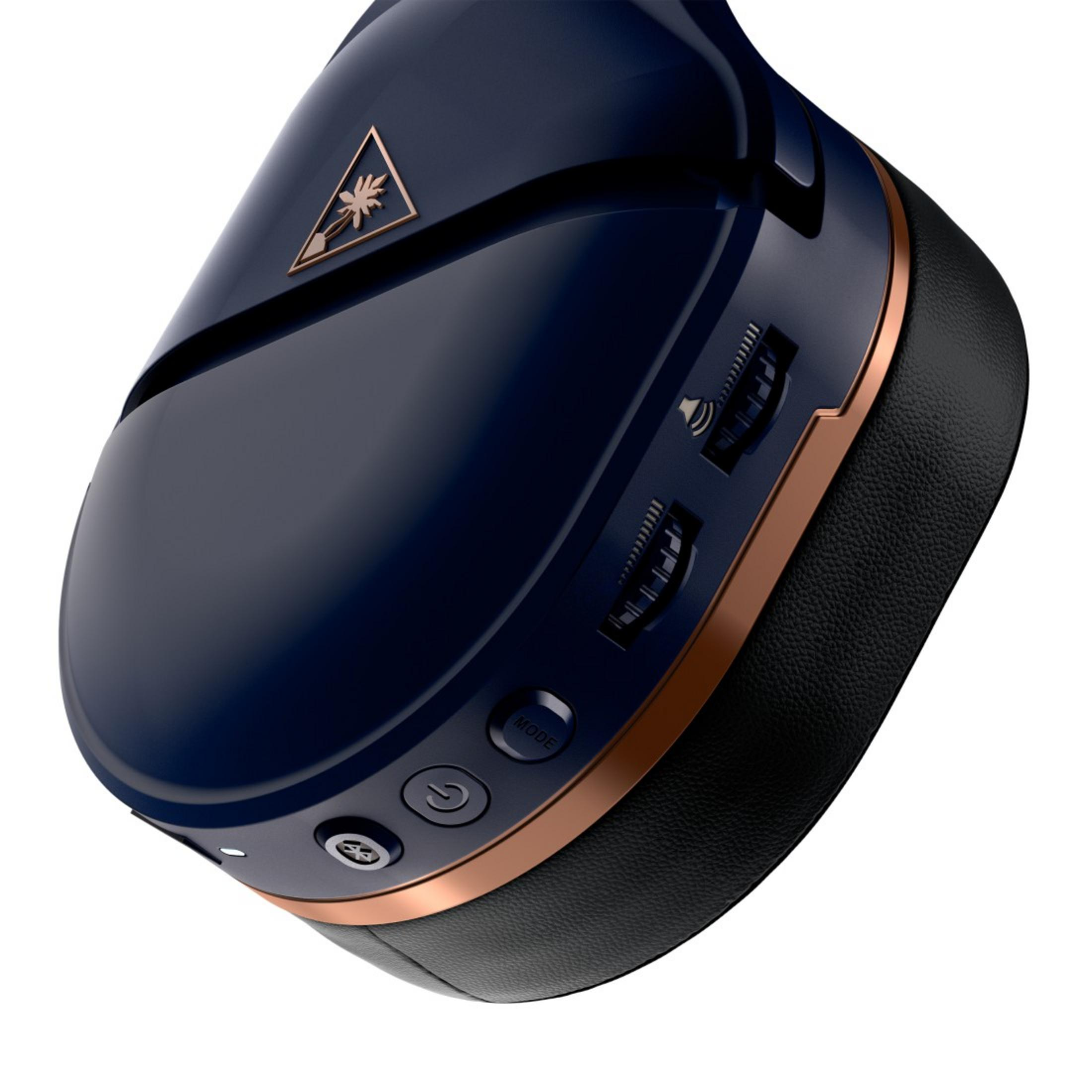 Zbliżenie granatowego zestawu słuchawkowego z akcentami w kolorze różowego złota. Posiada regulację głośności i przycisk zasilania.