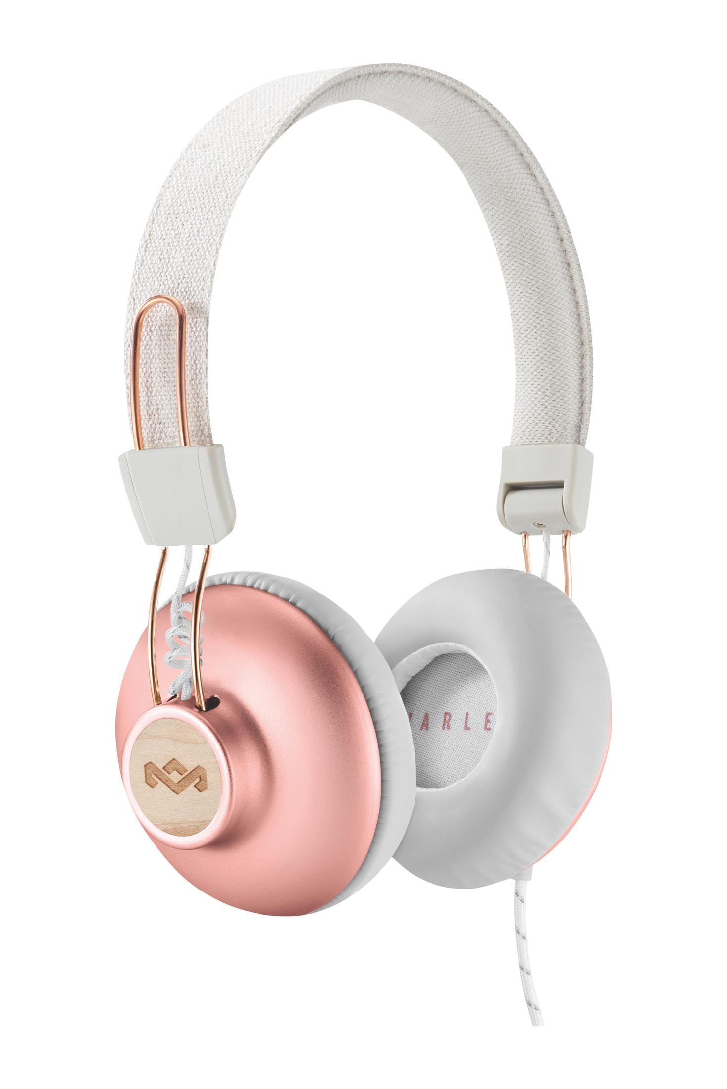 Roségoldene Kopfhörer mit weißen Ohrmuscheln und Kopfband.