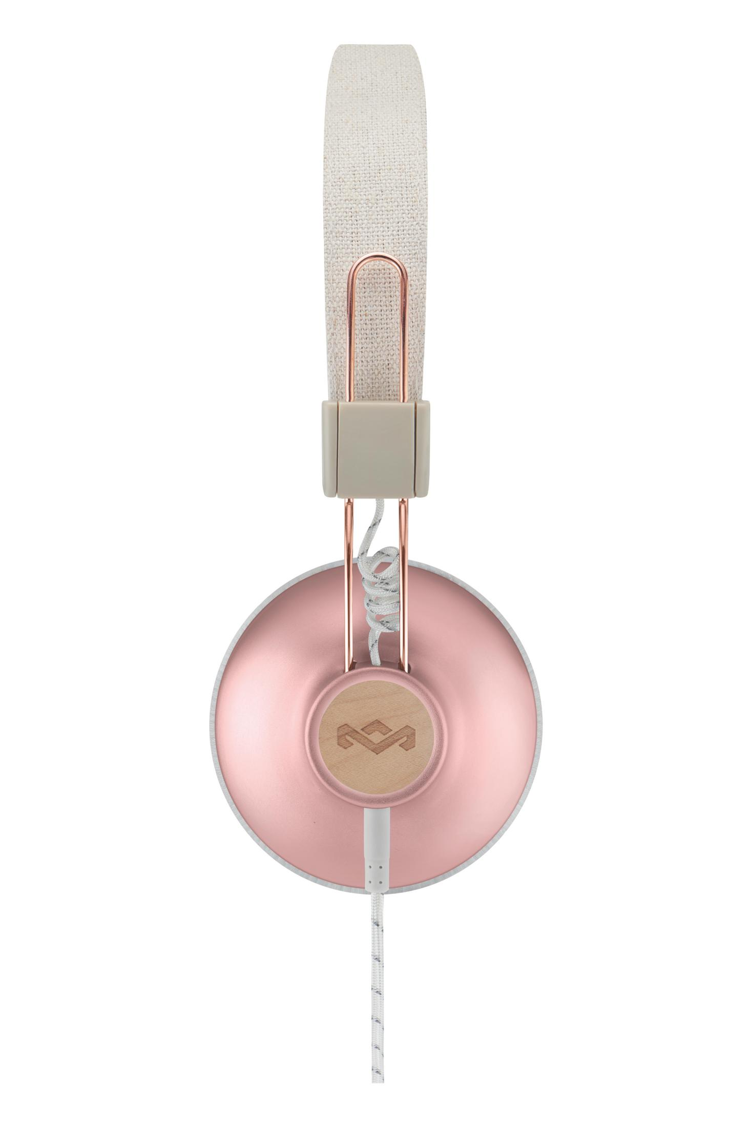 Kopfhörer mit einer rosa-silbernen Ohrmuschel. Das Kopfband ist beige und hat einen silbernen Draht.