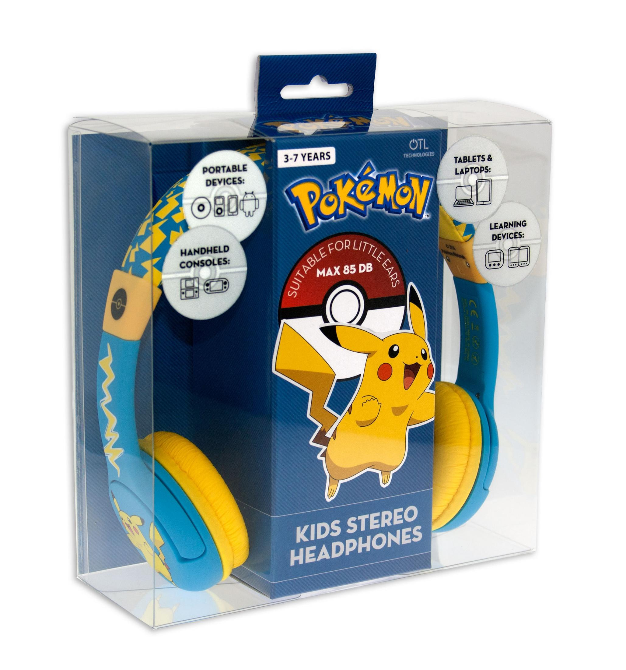 Pokémon-Kinderkopfhörer in einer durchsichtigen Plastikbox, mit blauem und gelbem Design. Weißer Hintergrund.
