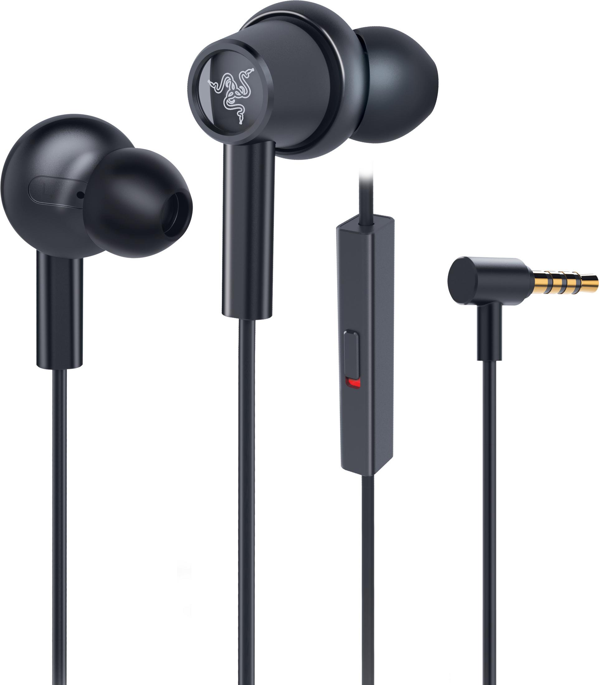 Auricolari Razer neri con microfono e connettore, isolati su sfondo bianco.
