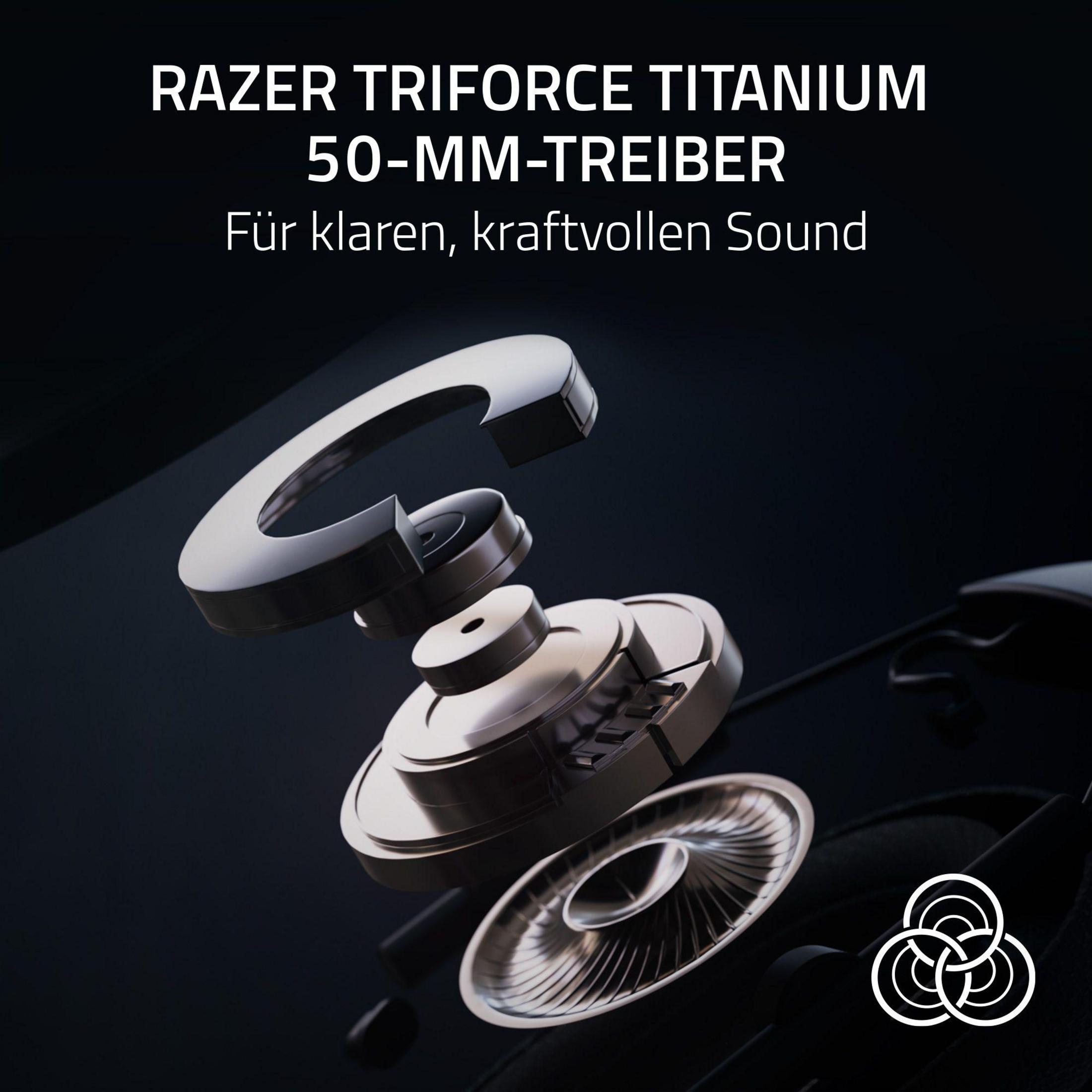 Vista esplosa del driver di una cuffia Razer argentata. Testo in tedesco: 'Per un suono chiaro e potente'.