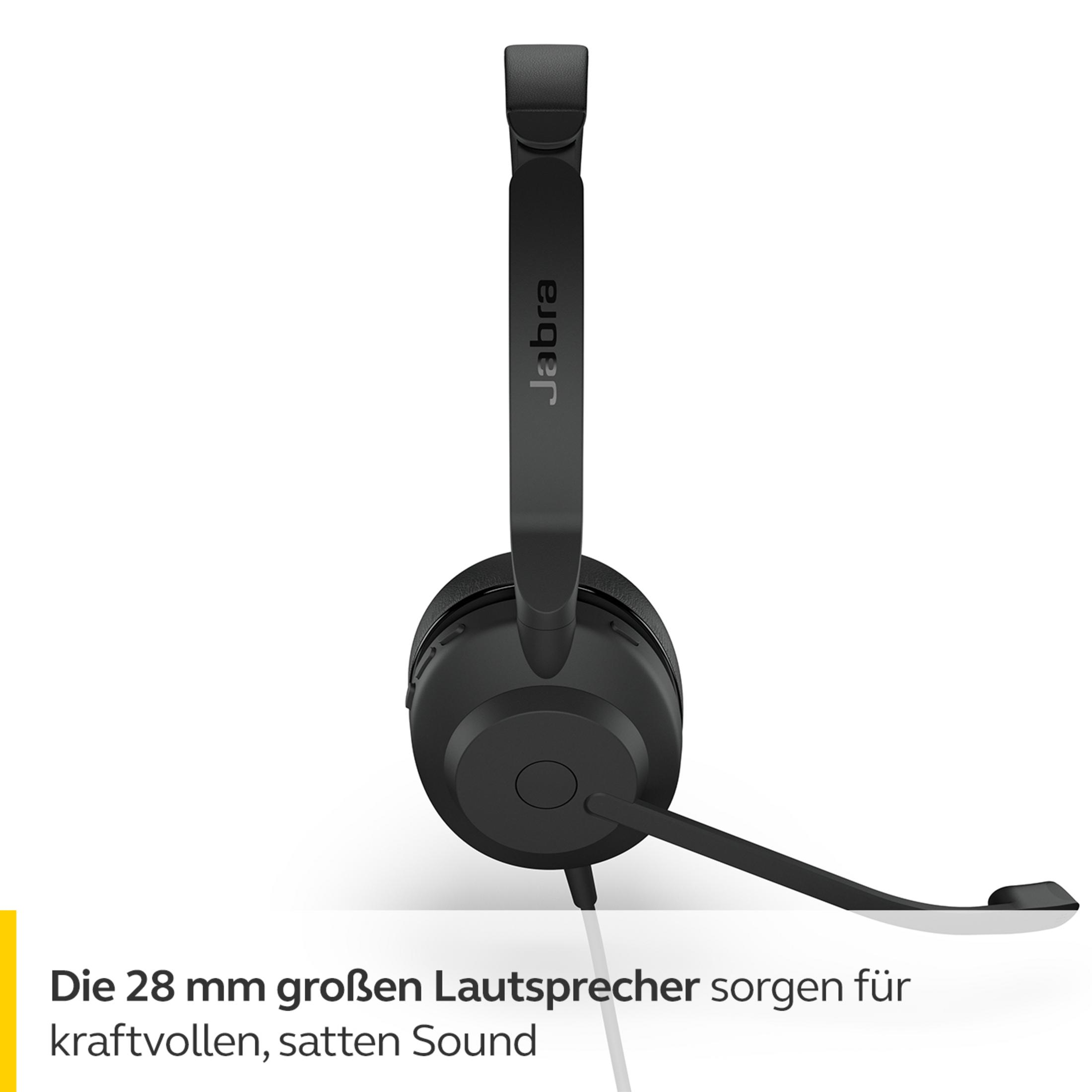 Schwarzes Jabra-Headset mit Mikrofon. Der Text besagt, dass die Lautsprecher einen kraftvollen Klang liefern.