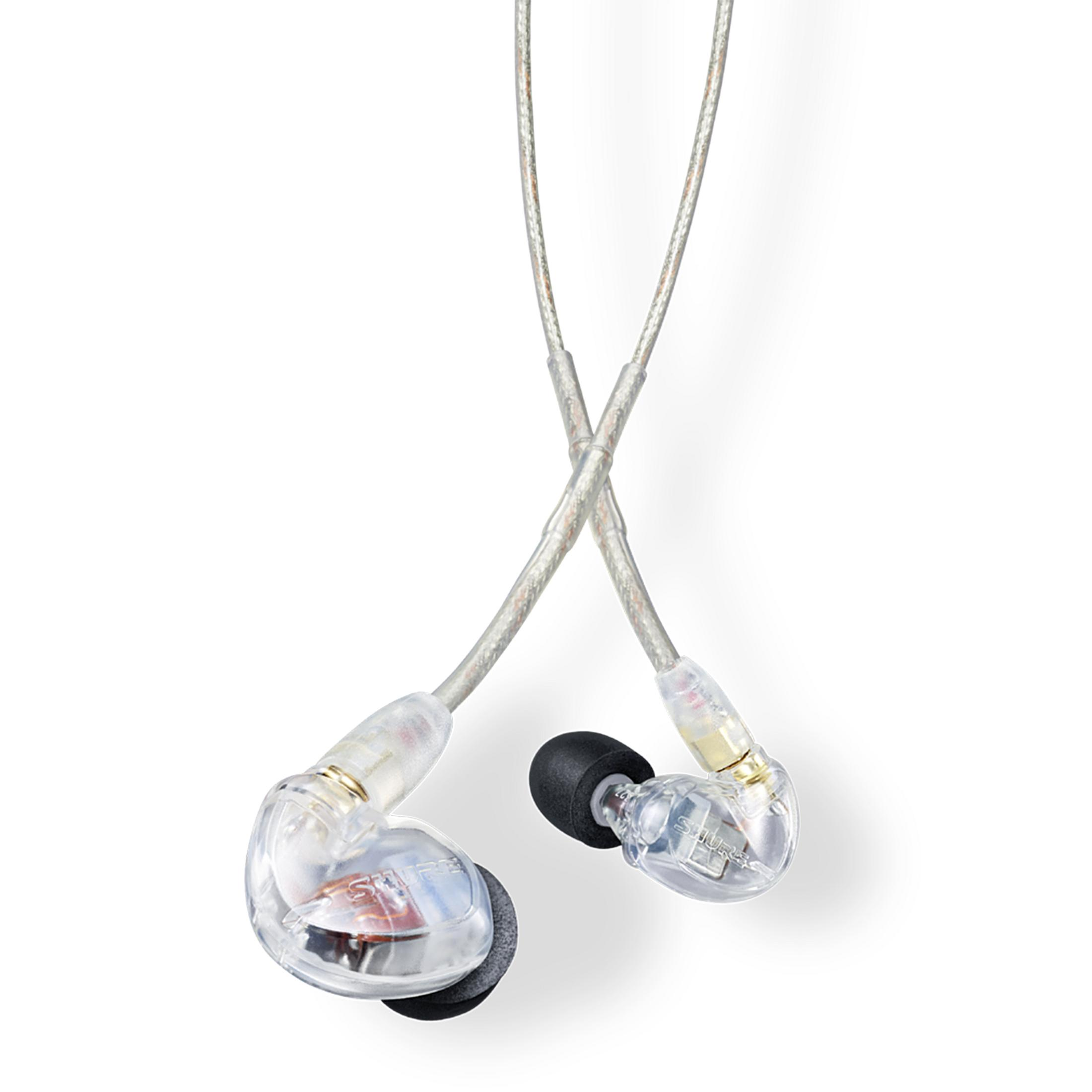 Due monitor in-ear trasparenti con cablaggio trasparente, su sfondo bianco.