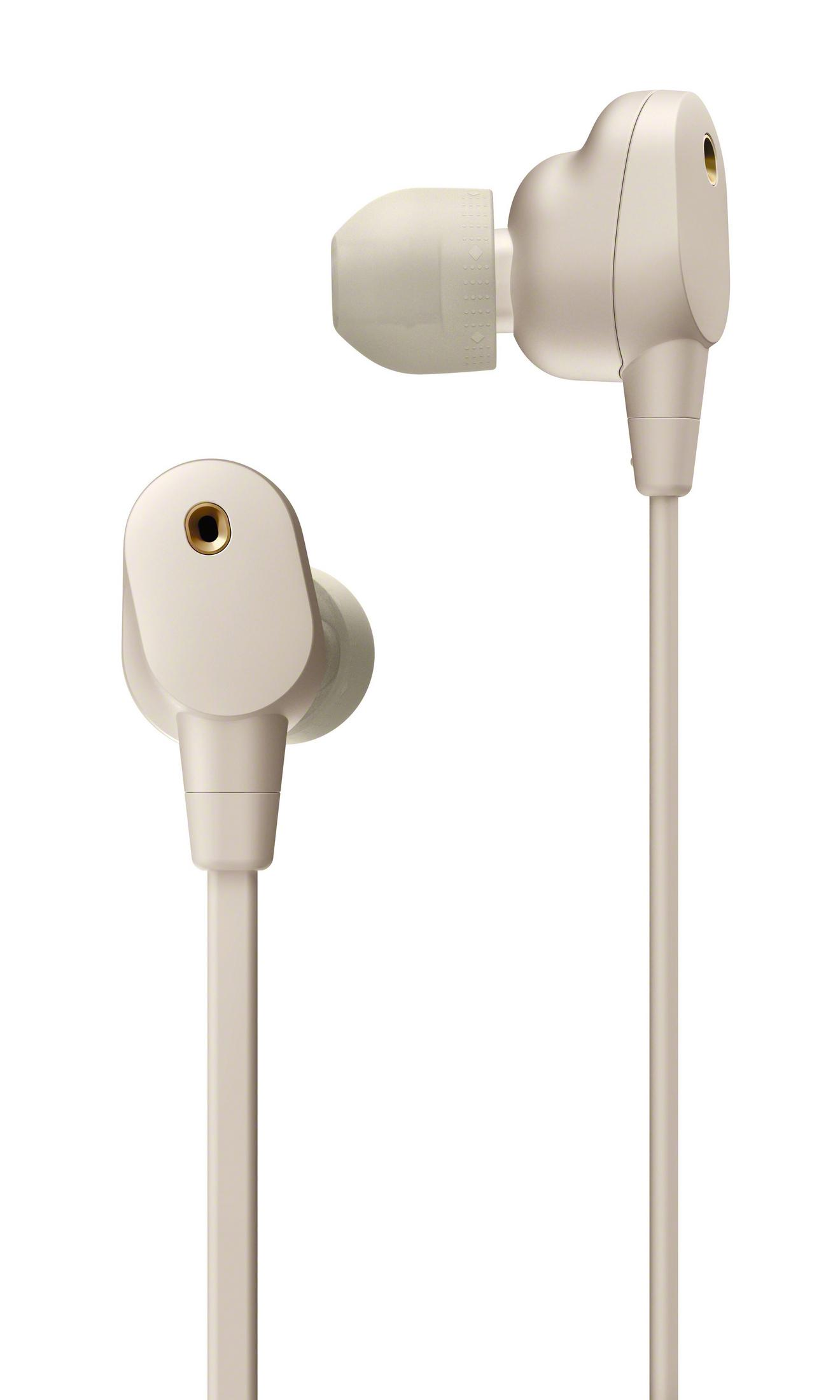 Beige in-ear headphones on a white background. Cables and ear tips visible.