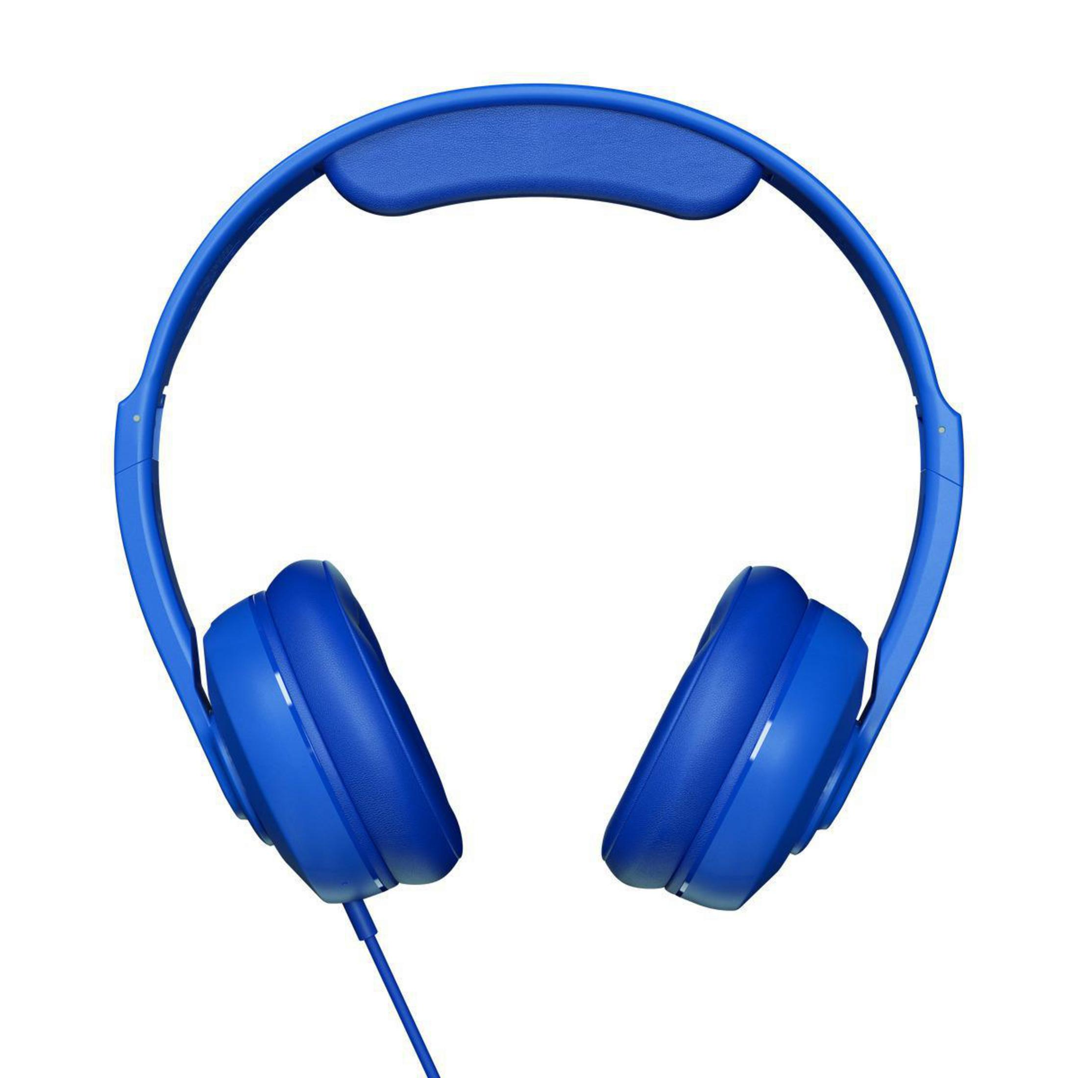 Blue headphones with a padded headband and earcups. The design is minimalistic and modern.