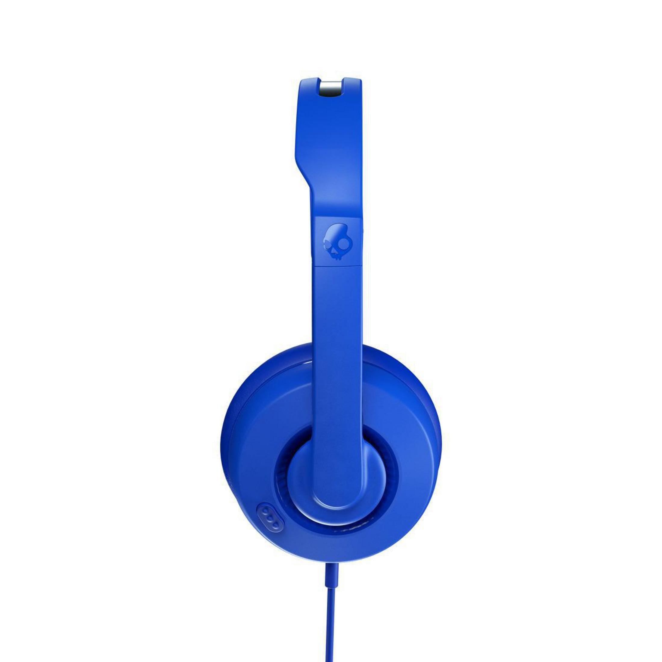 Blue headphones on a white background. The brand is Skullcandy. The headphones are over-ear style.