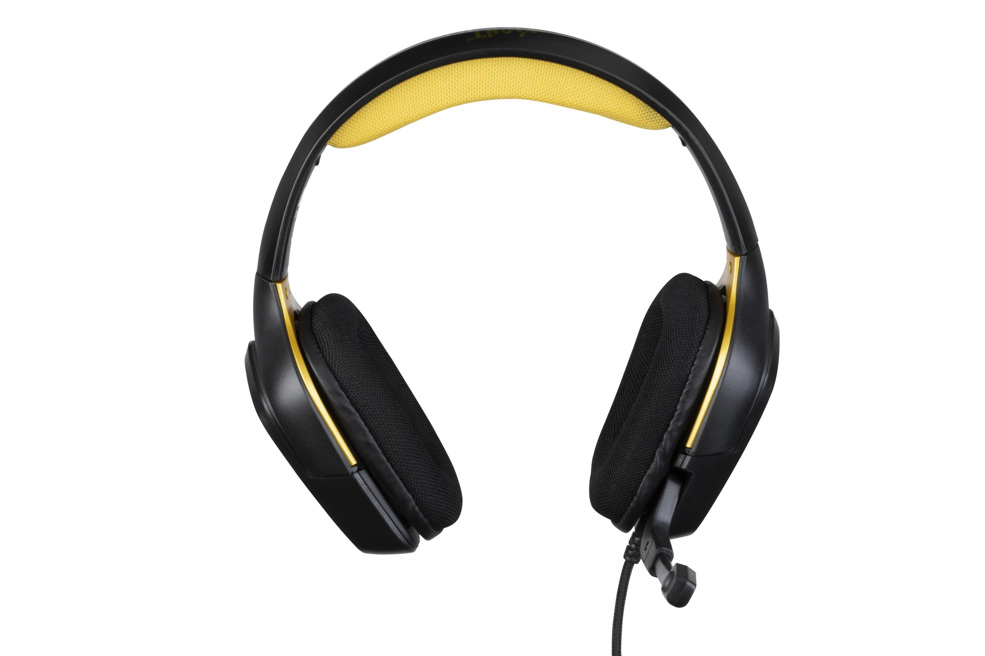 Czarne i złote słuchawki dla graczy na białym tle. Żółta wyściółka na pałąku.