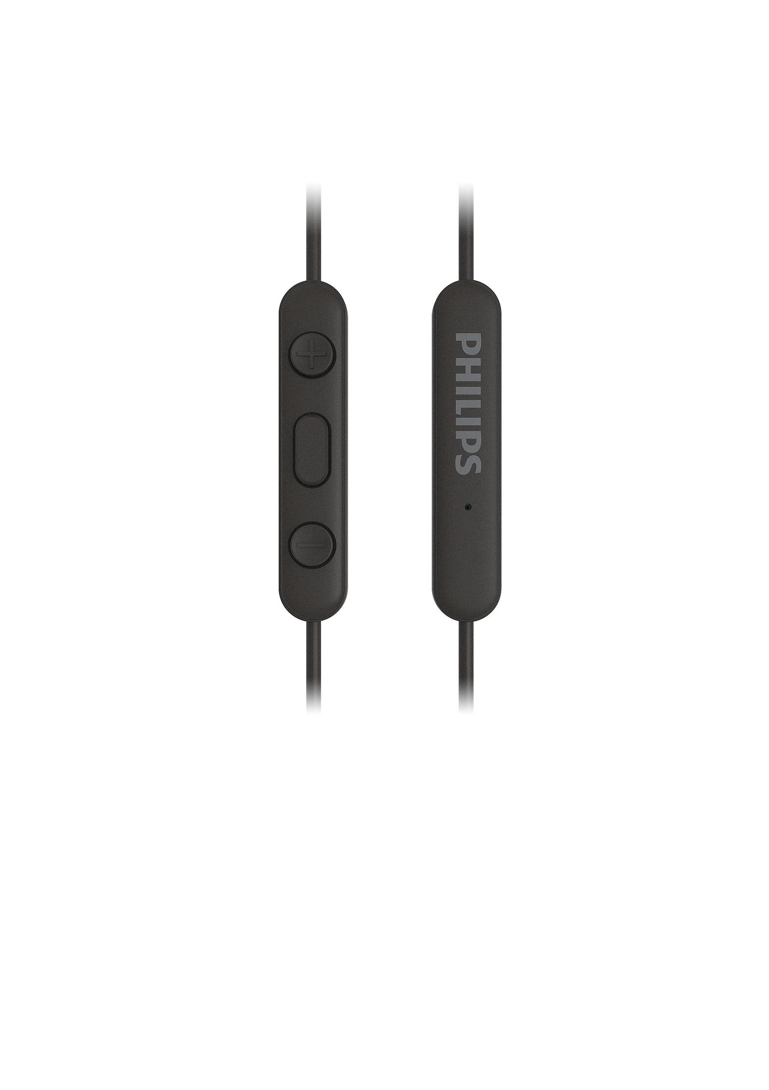 Twee zwarte bedieningselementen voor in-ear-hoofdtelefoons. Eén heeft volumeknoppen, de andere 'PHILIPS'.