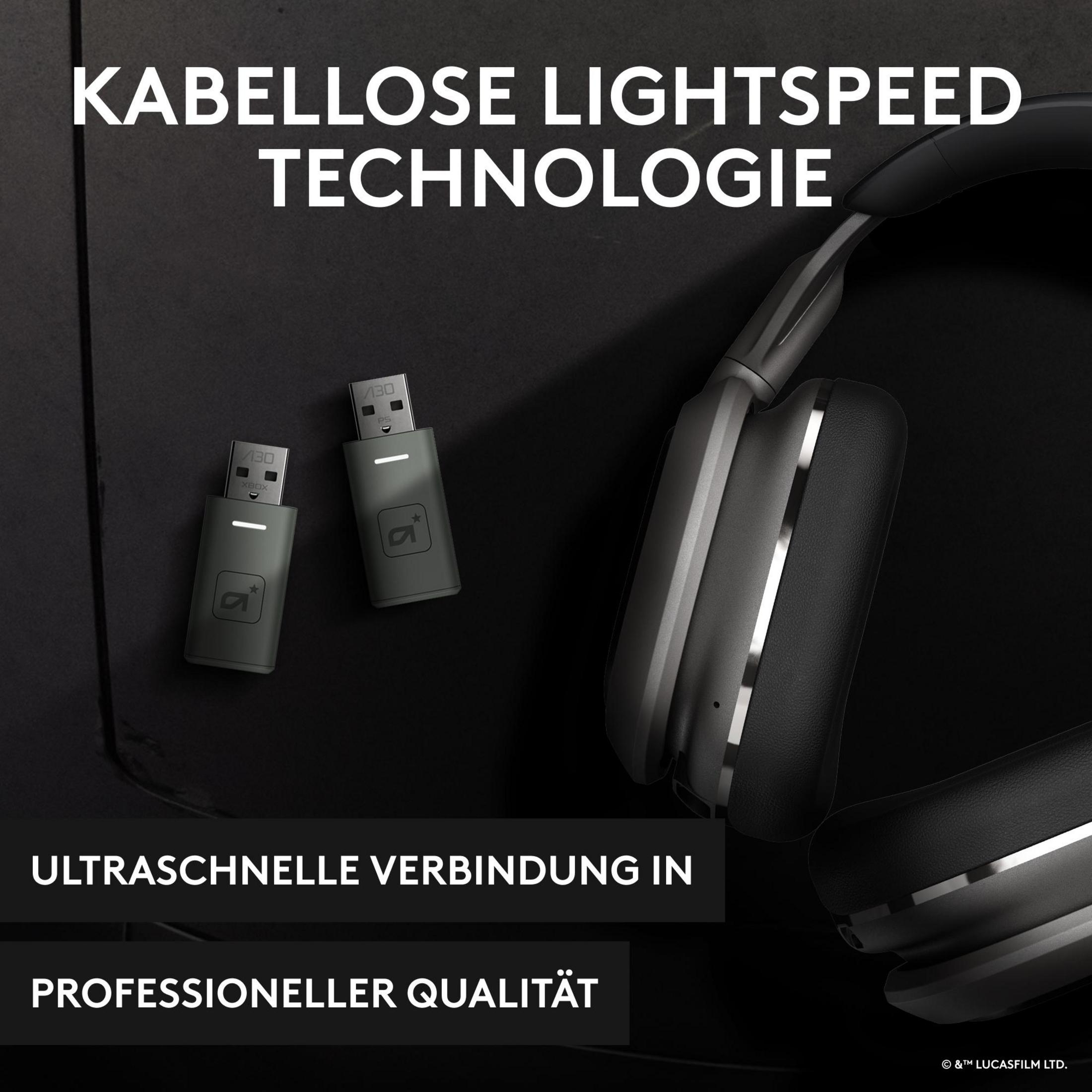 Bezprzewodowe słuchawki i klucze USB na czarnym tle. Tekst mówi 'Wireless Lightspeed Technology'.