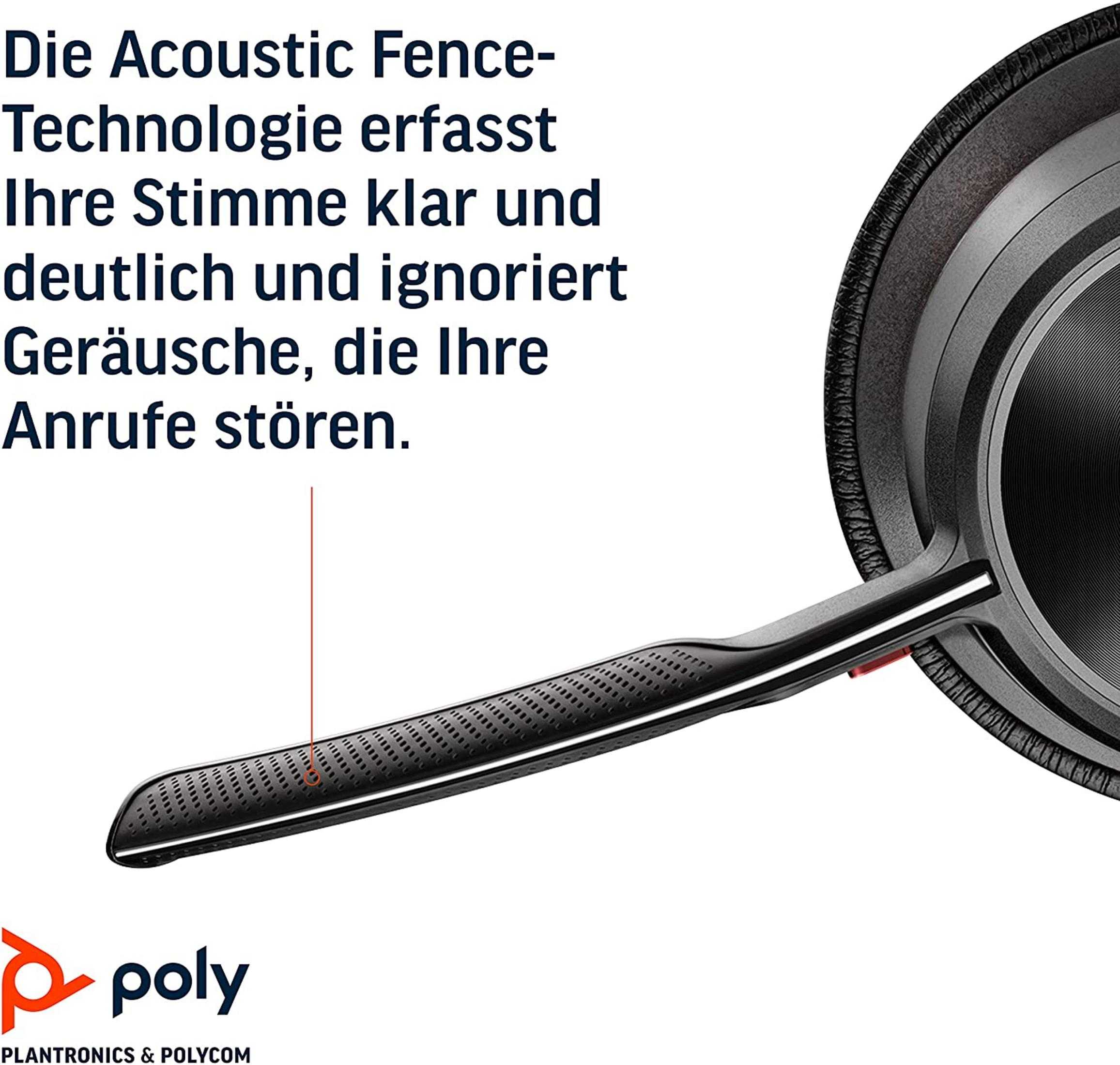Un primo piano di una cuffia nera e rossa, una sovrapposizione di testo descrive la tecnologia Acoustic Fence.