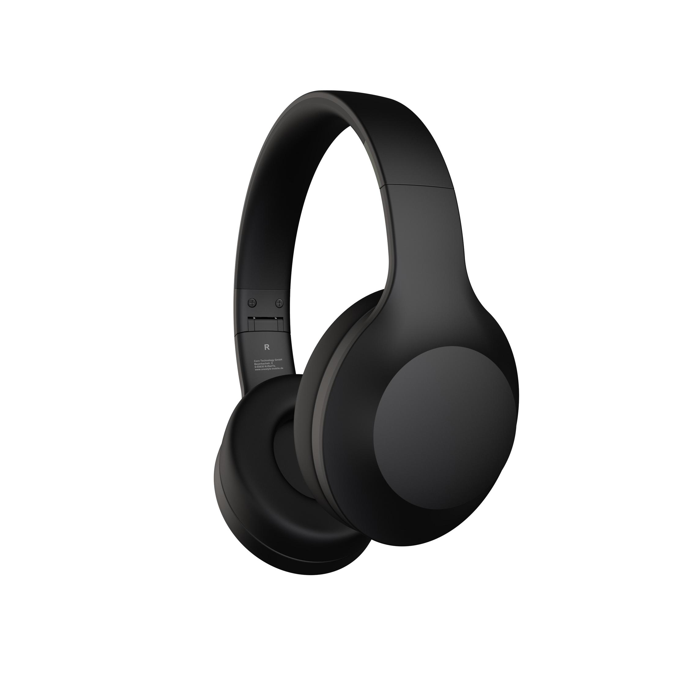 Schwarze Over-Ear-Kopfhörer auf weißem Hintergrund. Einfaches Design, runde Ohrmuscheln.