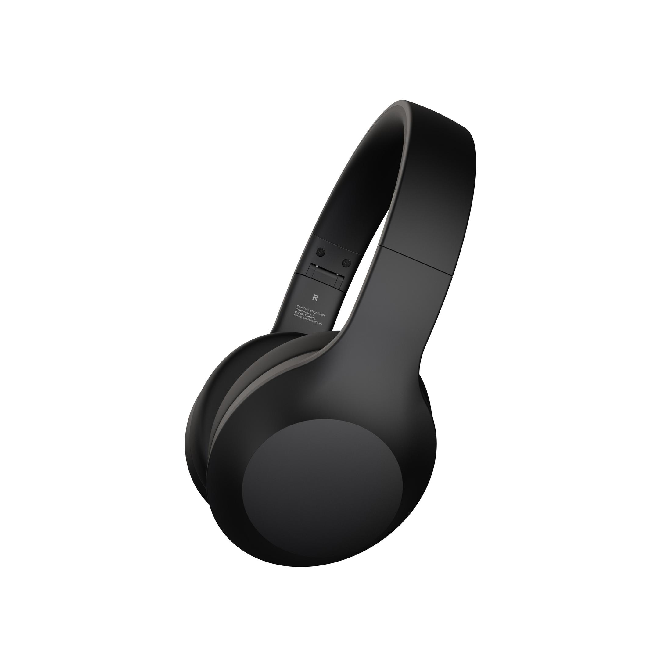 Schwarze Kopfhörer auf weißem Hintergrund. Die Kopfhörer sind angewinkelt und haben ein einfaches Design.