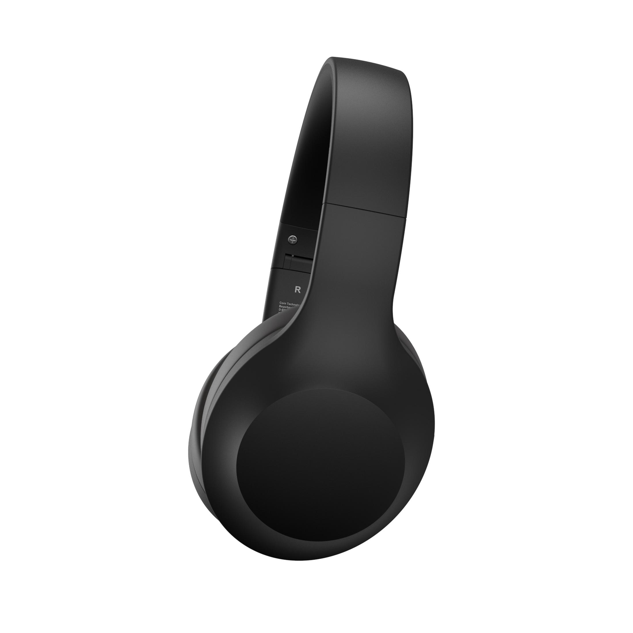 Schwarze Over-Ear-Kopfhörer. Die rechte Ohrmuschel zeigt nach vorne und zeigt das R.