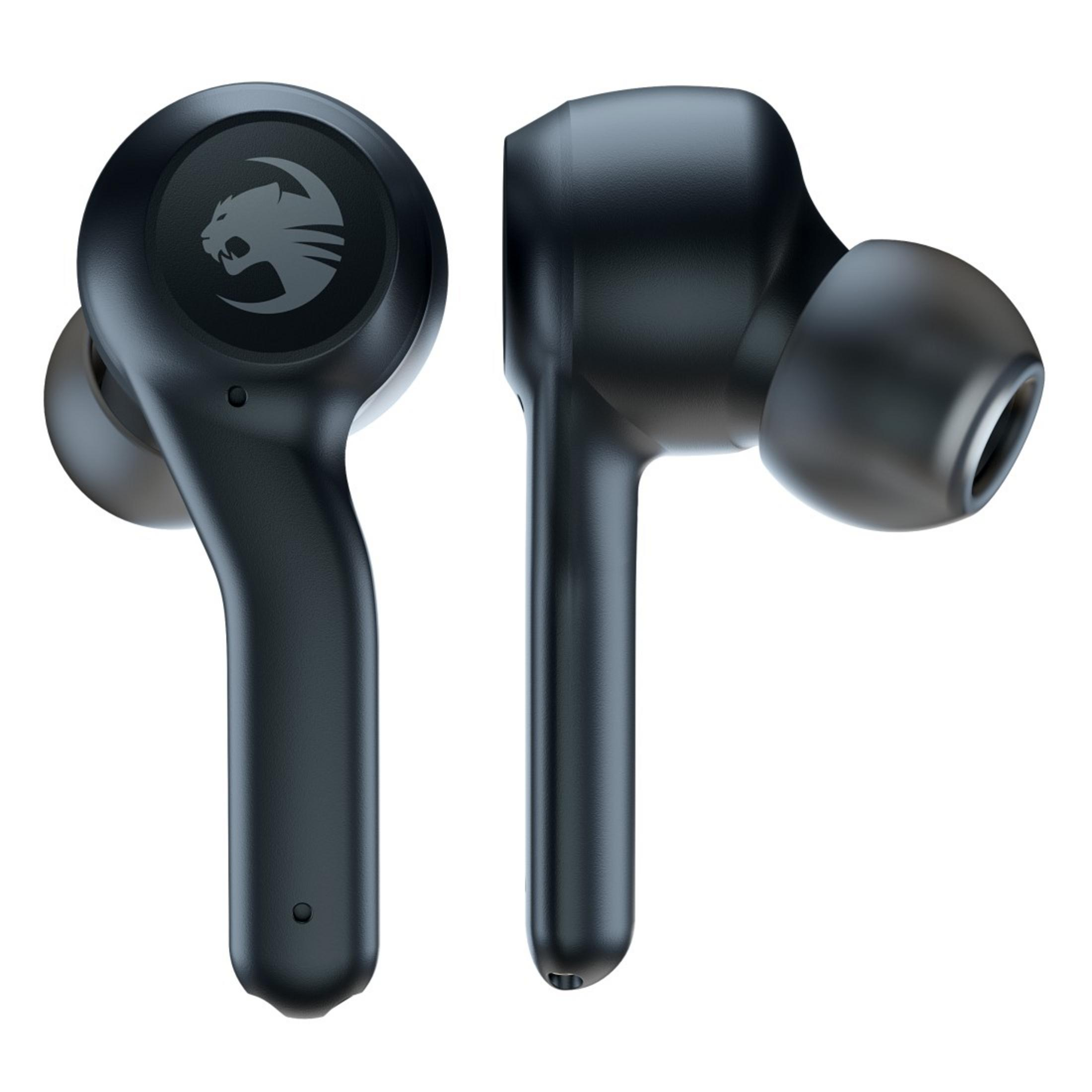Due auricolari wireless neri, uno accanto all'altro su sfondo bianco.
