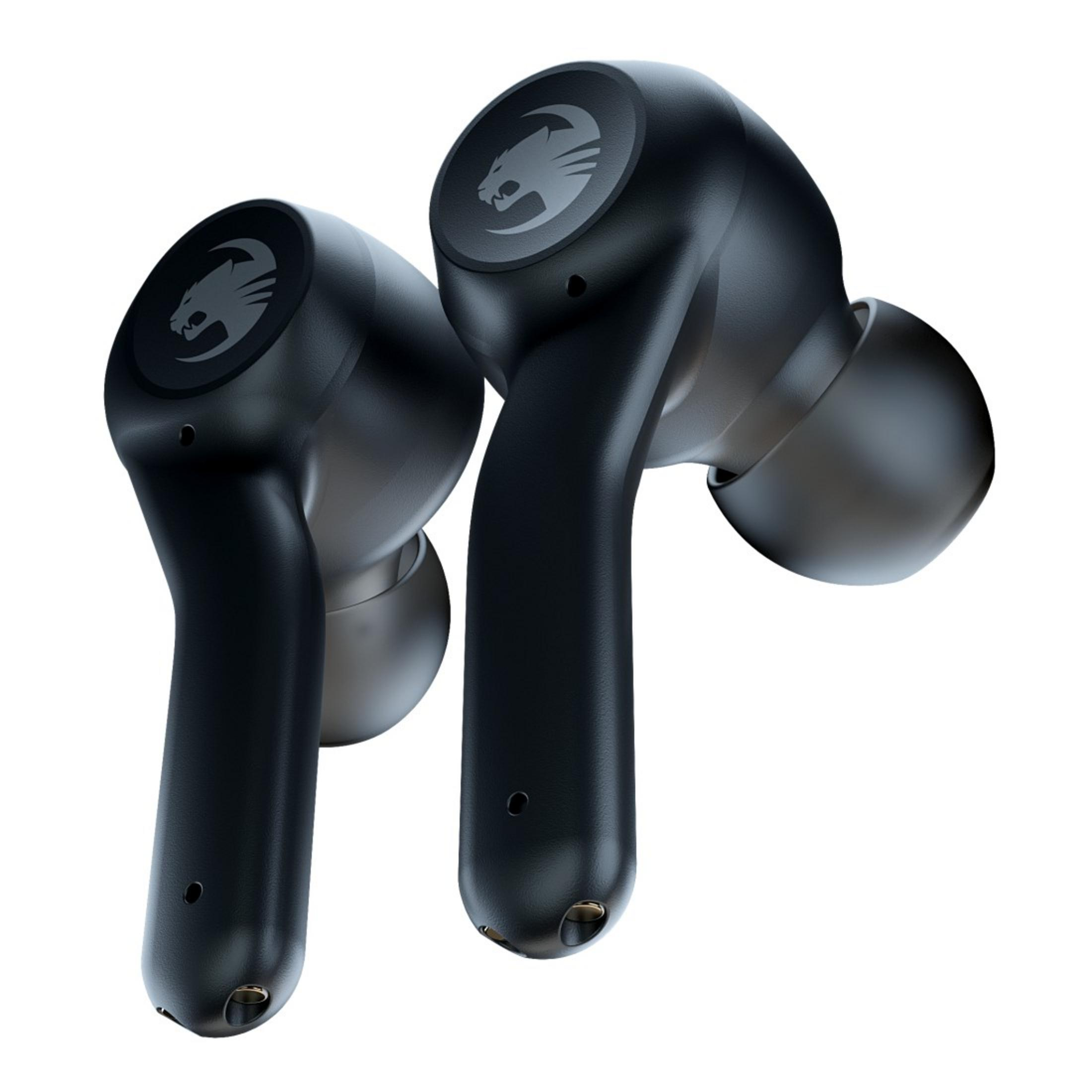 Due auricolari wireless neri con logo, su sfondo bianco.