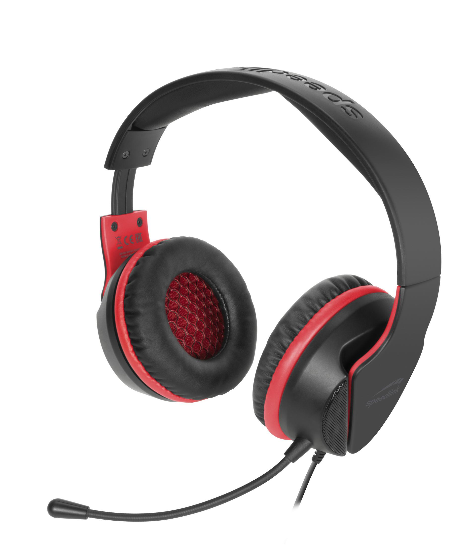 Czarny i czerwony zestaw słuchawkowy dla graczy. Nauszniki mają czerwoną siatkę i czarną skórę. Podłączony mikrofon.