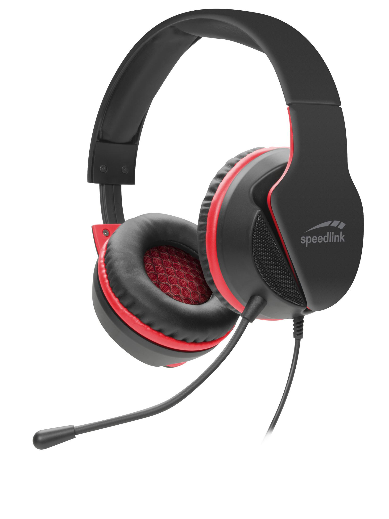 Czarno-czerwony zestaw słuchawkowy dla graczy z mikrofonem na białym tle, widok z boku.