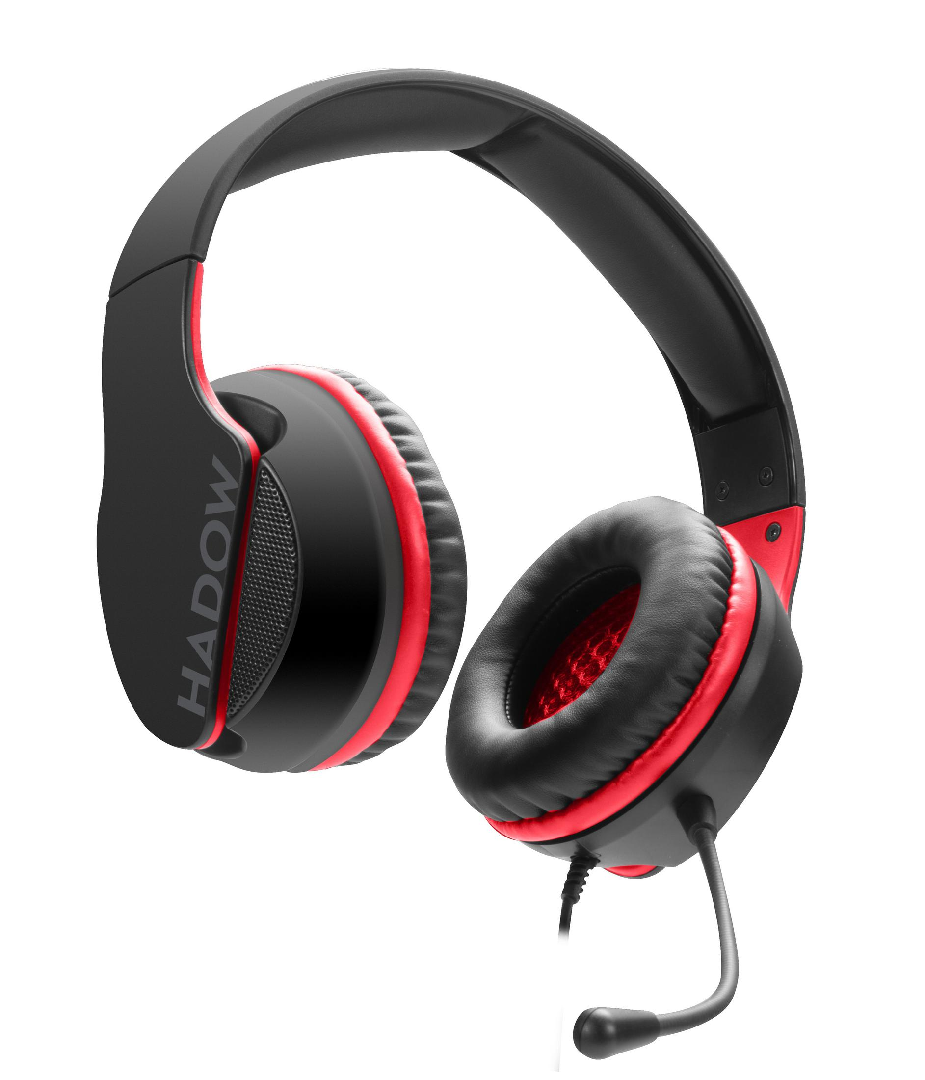 Czarne i czerwone słuchawki dla graczy. Widoczne muszle, pałąk i mikrofon.