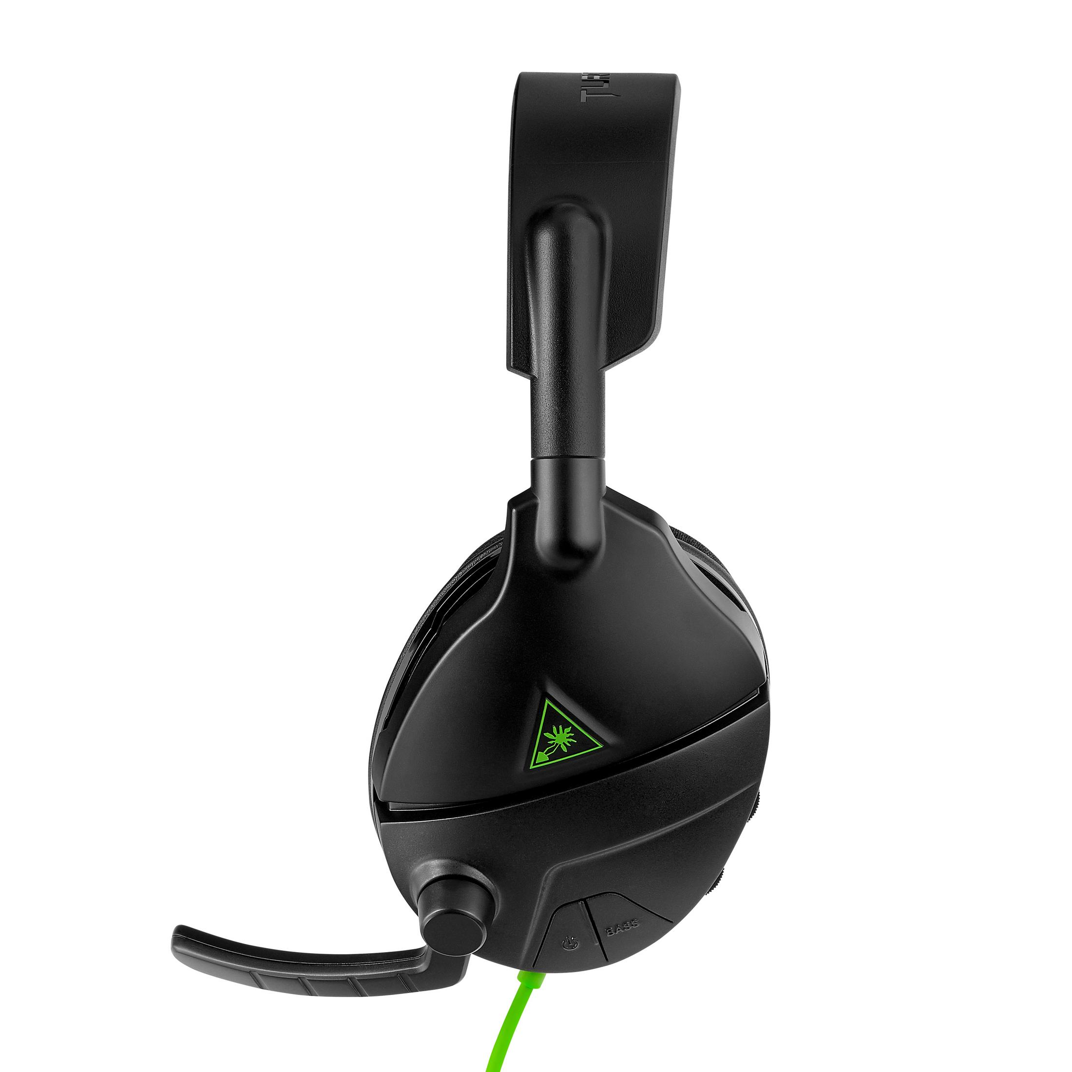 Czarne słuchawki gamingowe Turtle Beach z zielonym mikrofonem i logo na białym tle.