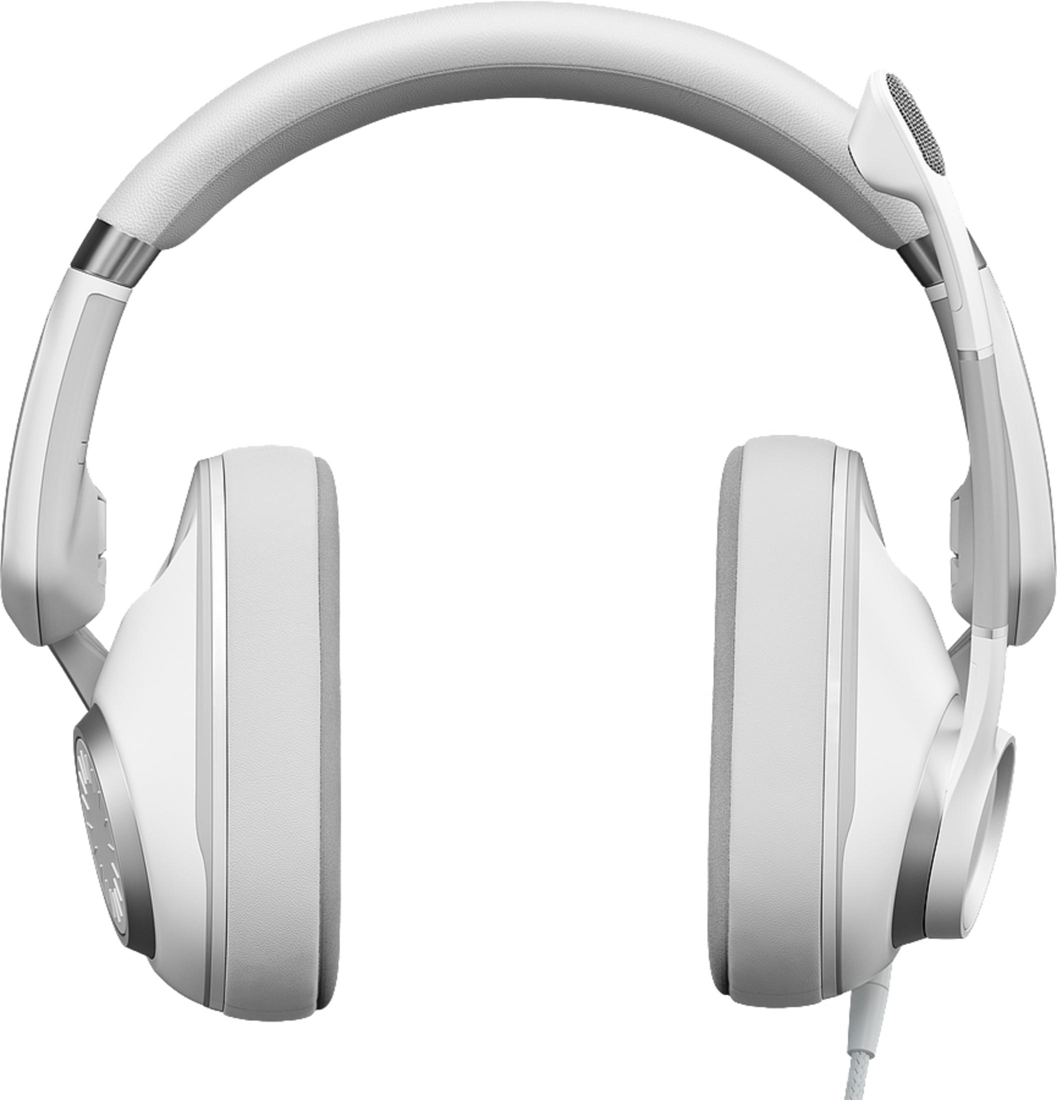 Weiße Kopfhörer mit gebogenem Design, Kabel rechts.