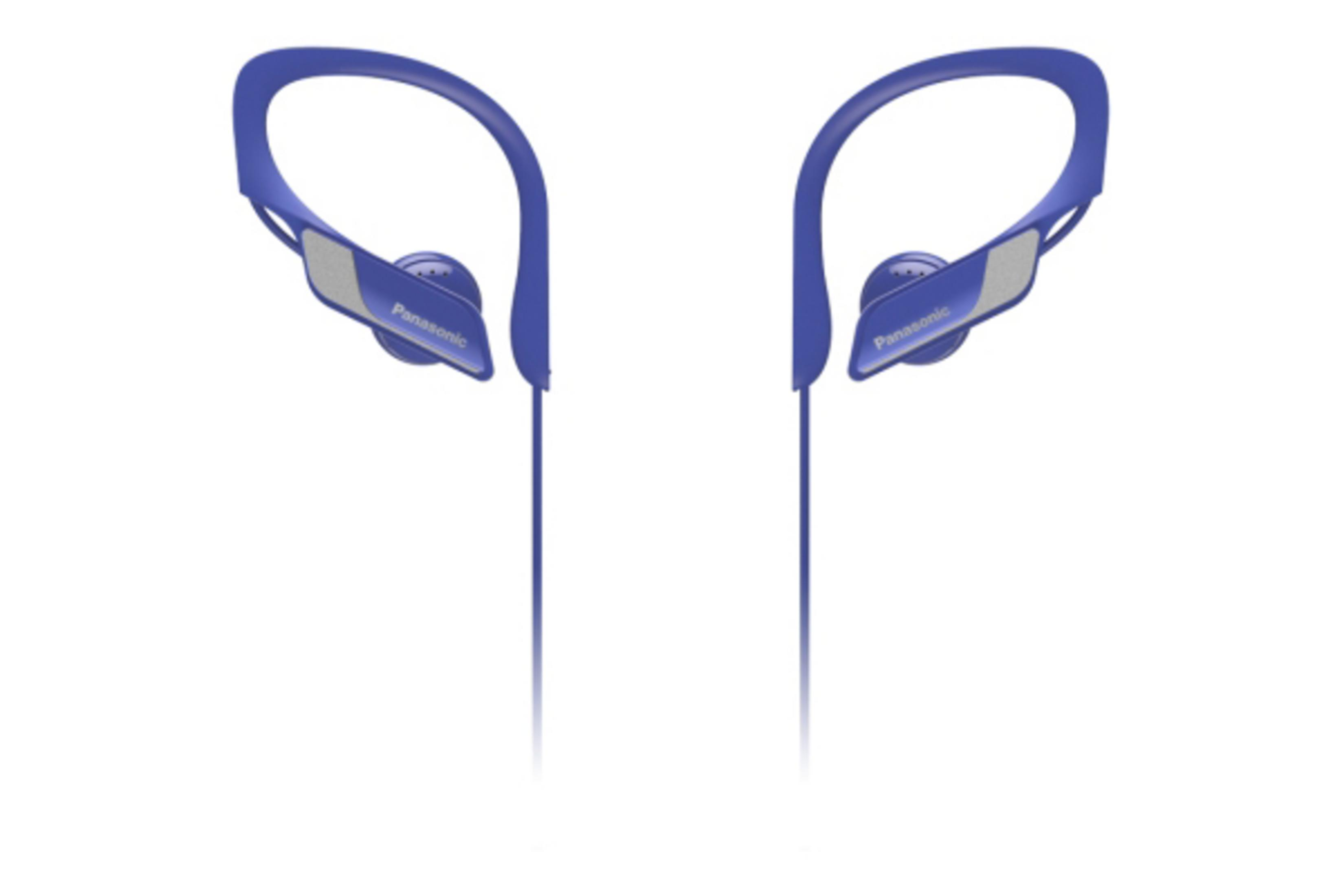 Blaue Panasonic In-Ear-Kopfhörer mit gebogenem Ohrbügel-Design, isoliert auf weißem Hintergrund.