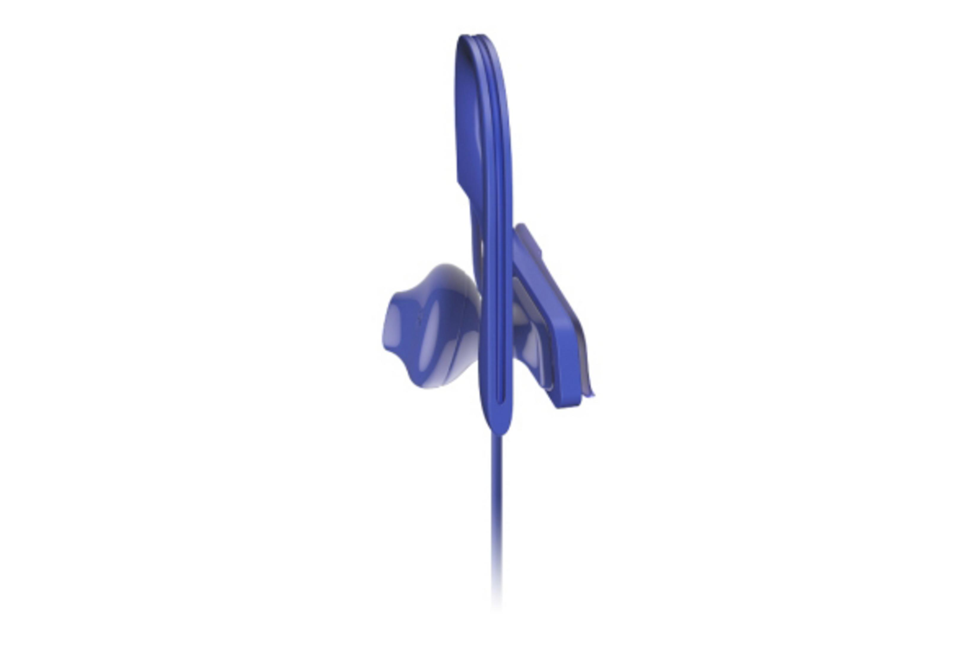 Blaue Ohrhörer auf weißem Hintergrund. Das Design ist schlank und minimalistisch.