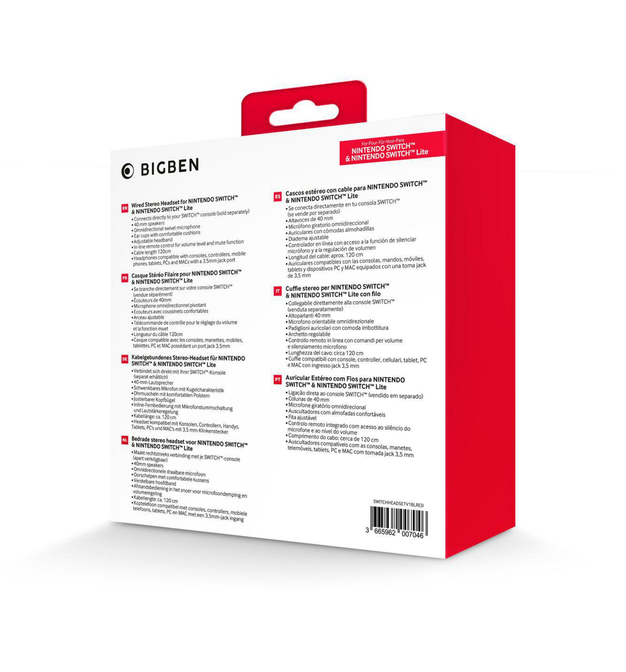 Pudełko z przewodowym zestawem słuchawkowym stereo do Nintendo Switch i Switch Lite. Tekst w wielu językach.